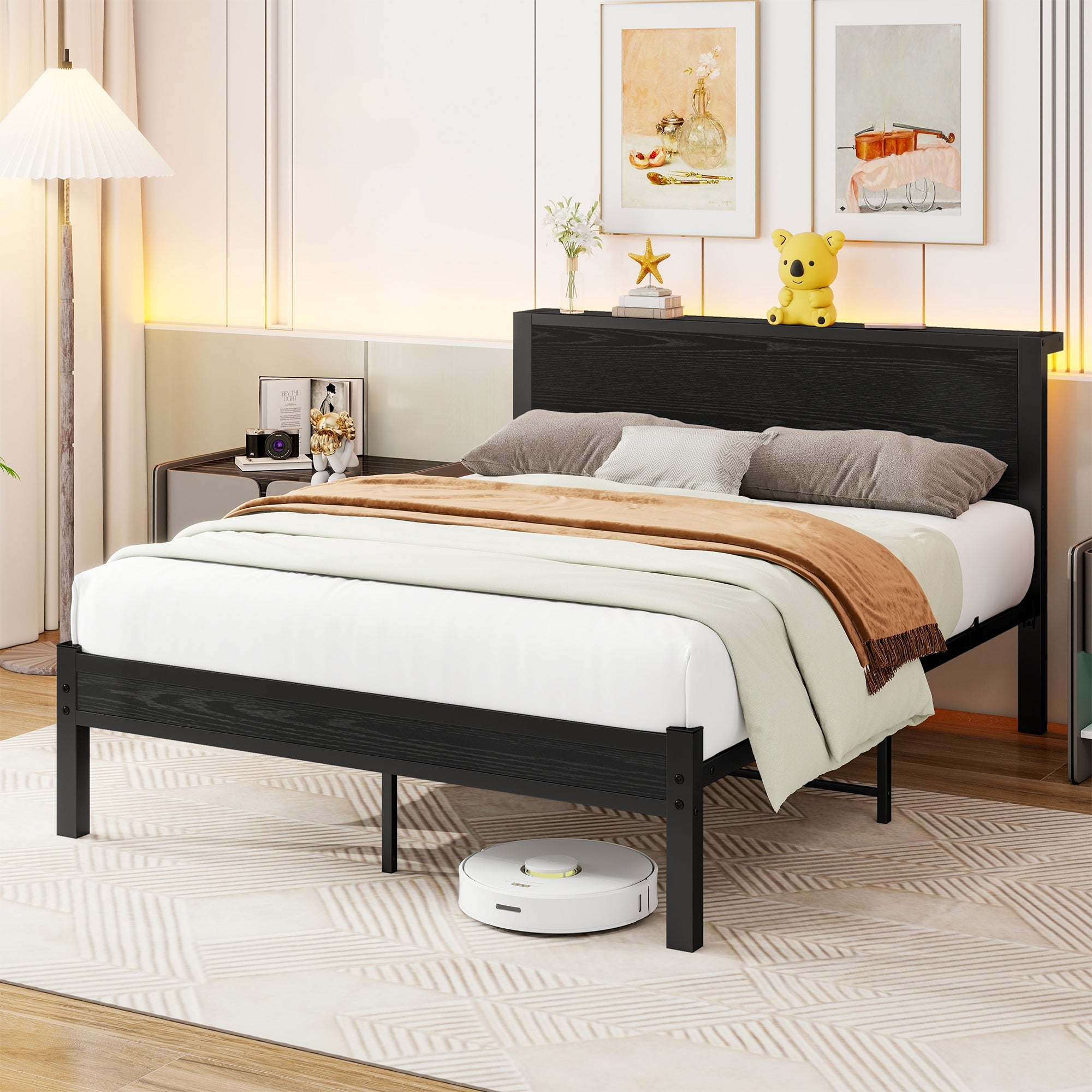 Metal Bed Frame 140x200cm Storage Headboard Noiseless - Black
