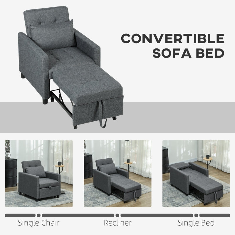3-In-1 Chair Bed, Convertible Sleeper with Adjustable Backrest, Pillow and Footrest, Dark Grey