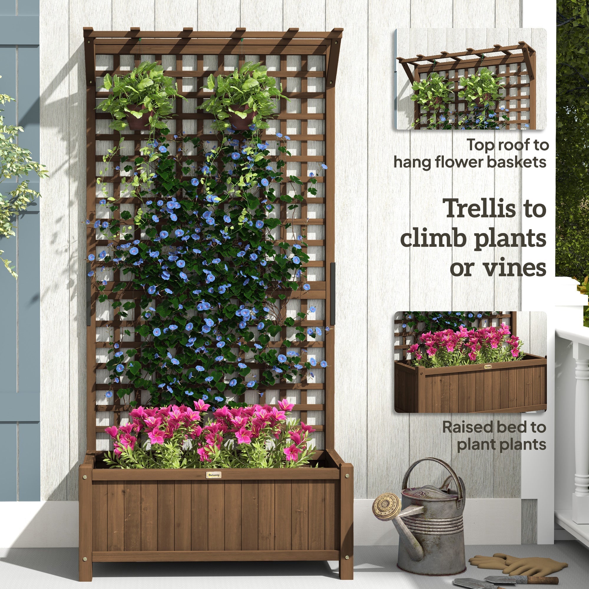 Raised Bed Planter with Drainage Holes and Trellis, Brown Wood