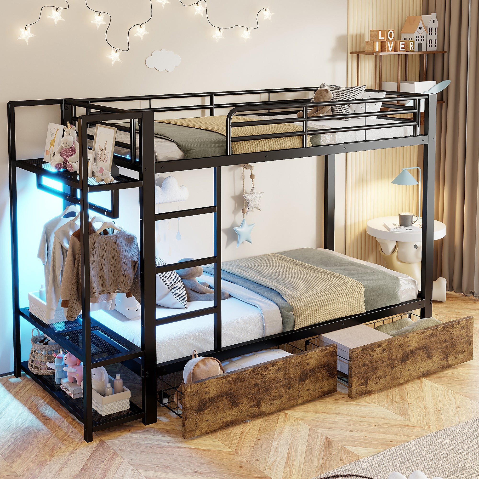 Bunk Bed with 2 Drawers, Shelves, LED and Clothes Rail, 90x200cm, Black Iron Frame