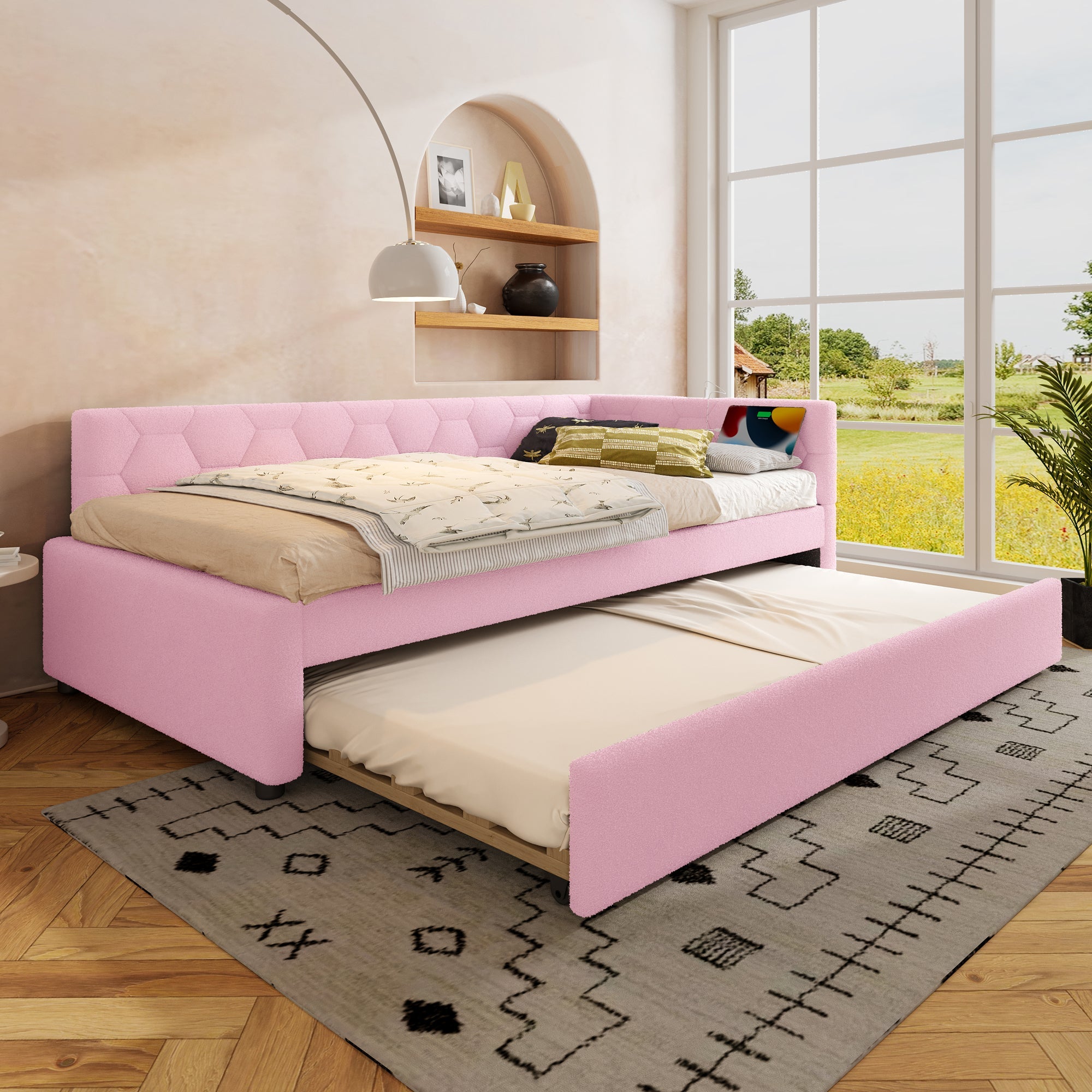 Daybed Sofa Bed 90x200cm Pull-Out Bed Bedside Lamp USB/Type-C Pink Fleece Imitation