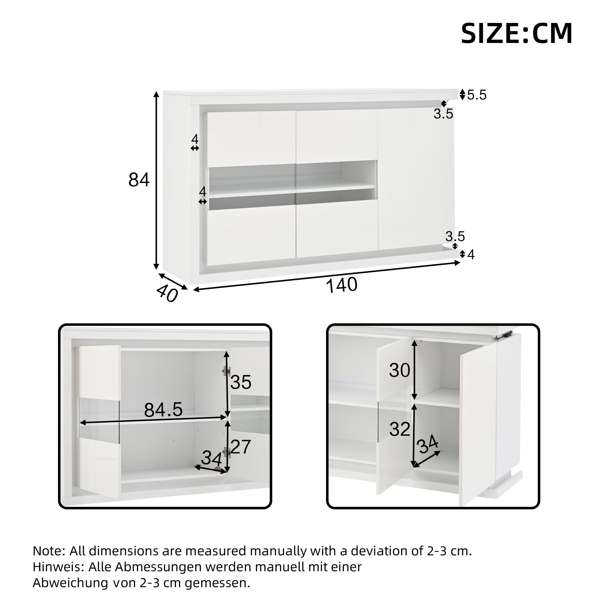 Living Room Cabinet, 140cm, 4 Compartments, High-Gloss, LED, Tempered Glass Doors