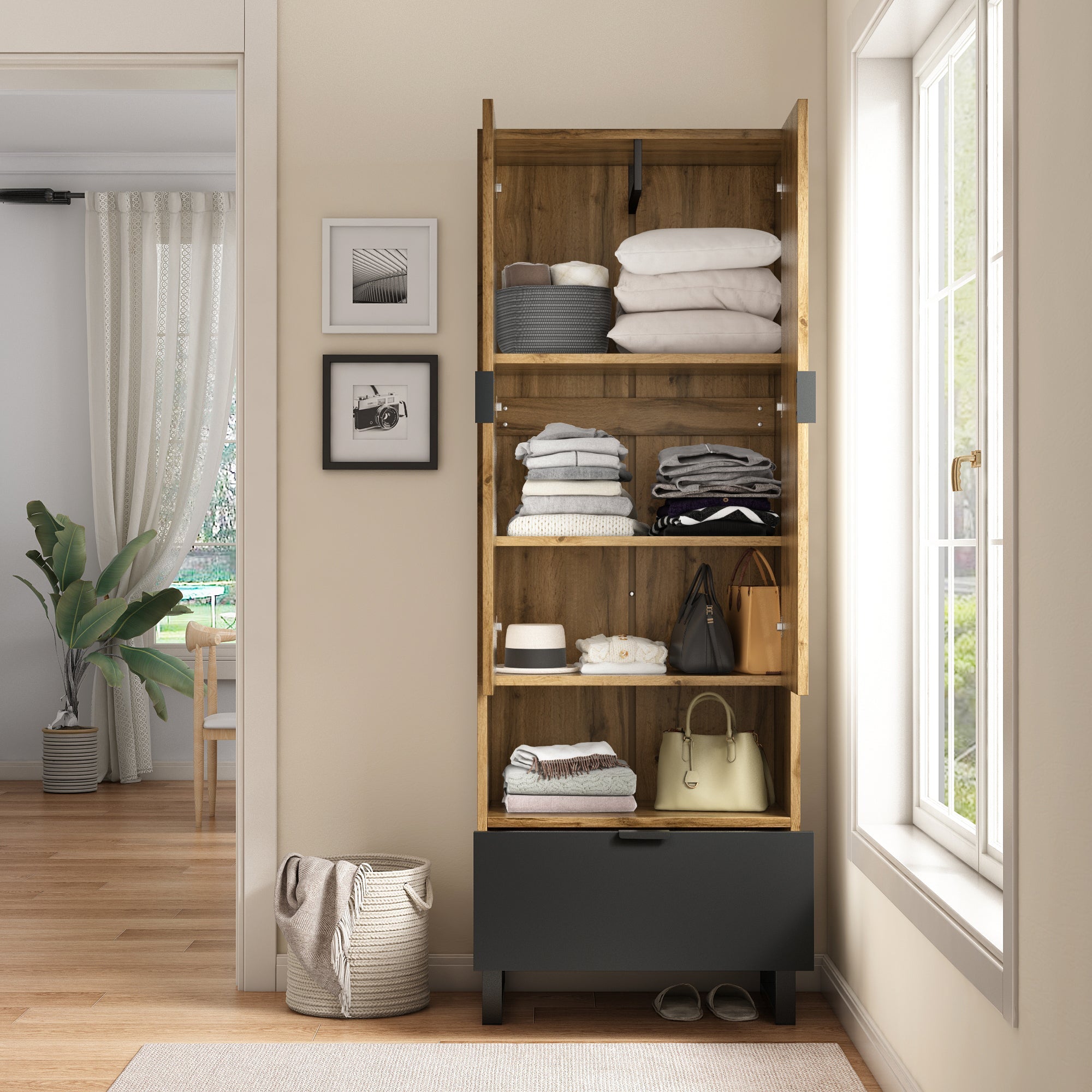 Wardrobe, 1 Drawer, Adjustable Shelves, Clothes Rail, Wood and Black