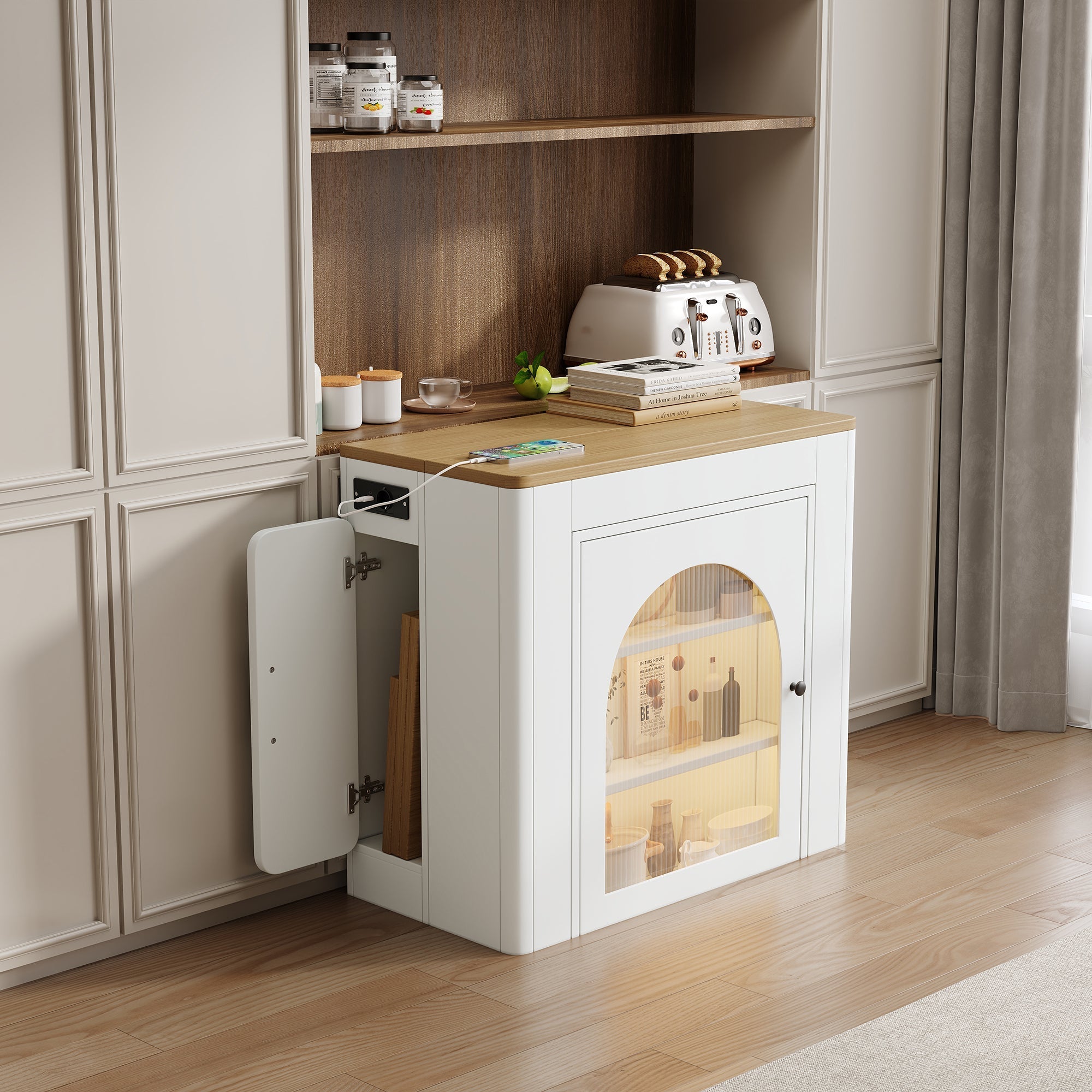 Mobile Kitchen Island Extendable Table Removable Top Power Strips - White