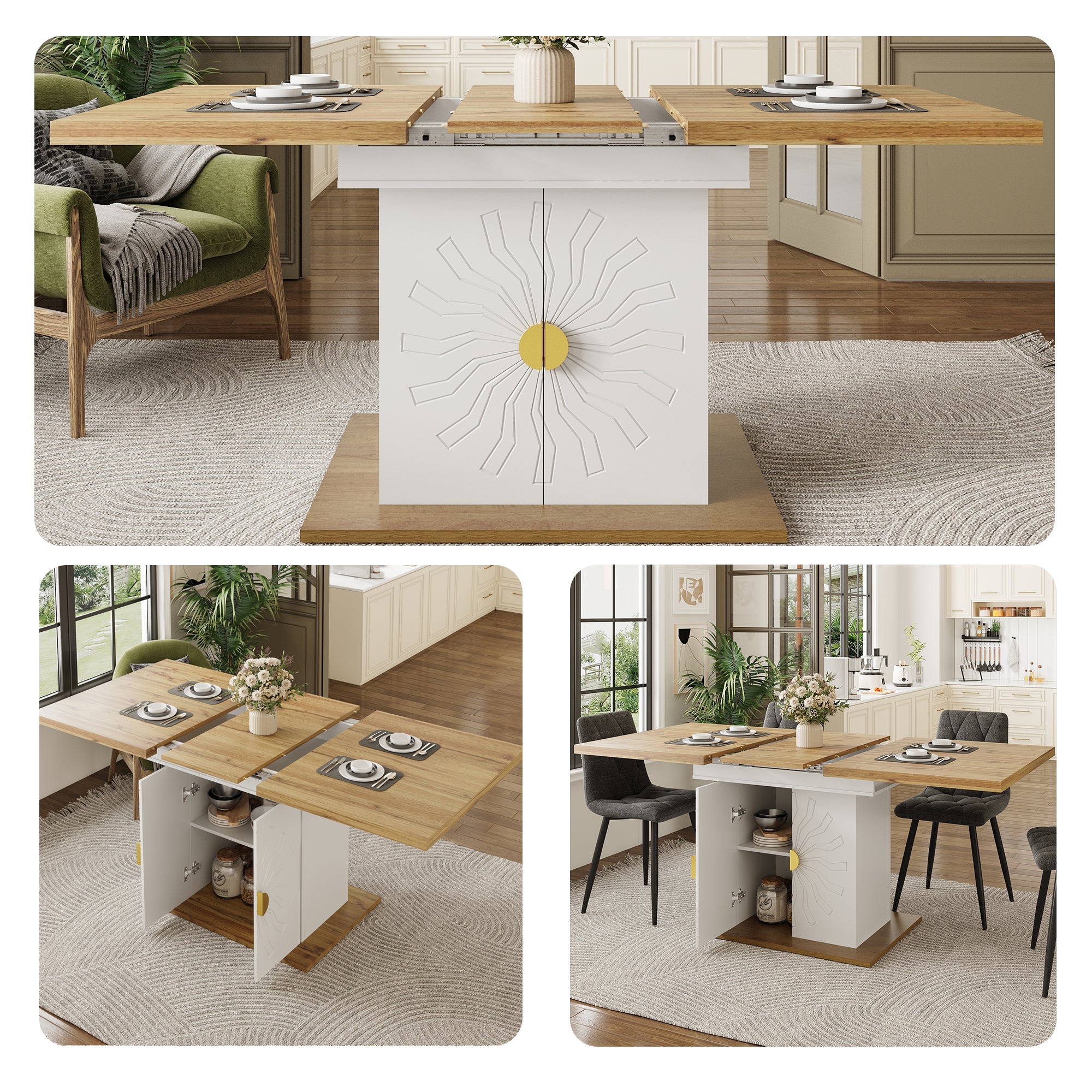 Extendable Dining Table with Storage and Sunburst Relief, Wood Veneer