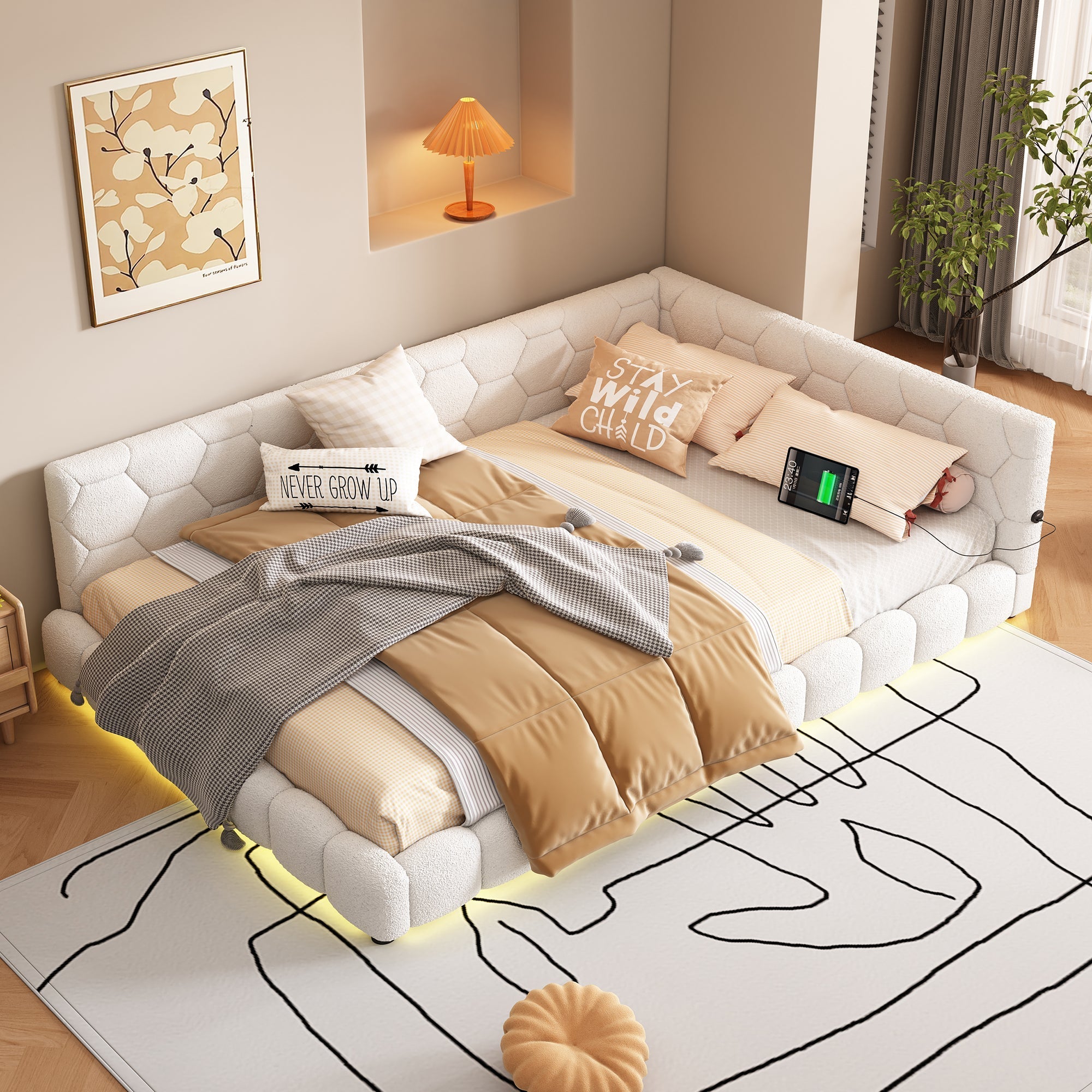 Daybed Sofa Bed 140x200cm 16 Color LED USB/Type-C - White Fleece