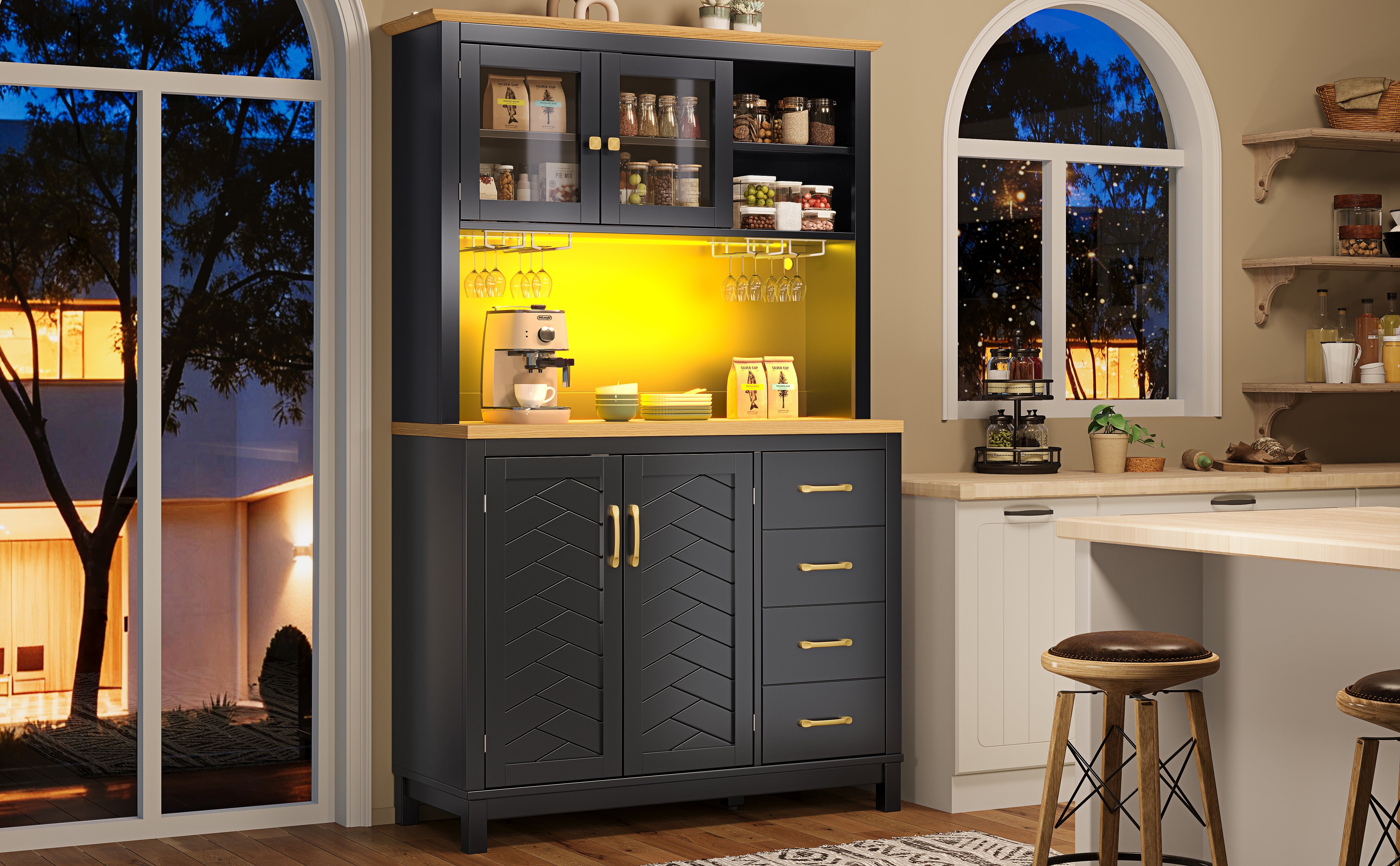 Sideboard Kitchen Buffet Cabinet with LED Lights and Drink Holders, Green, Black and White