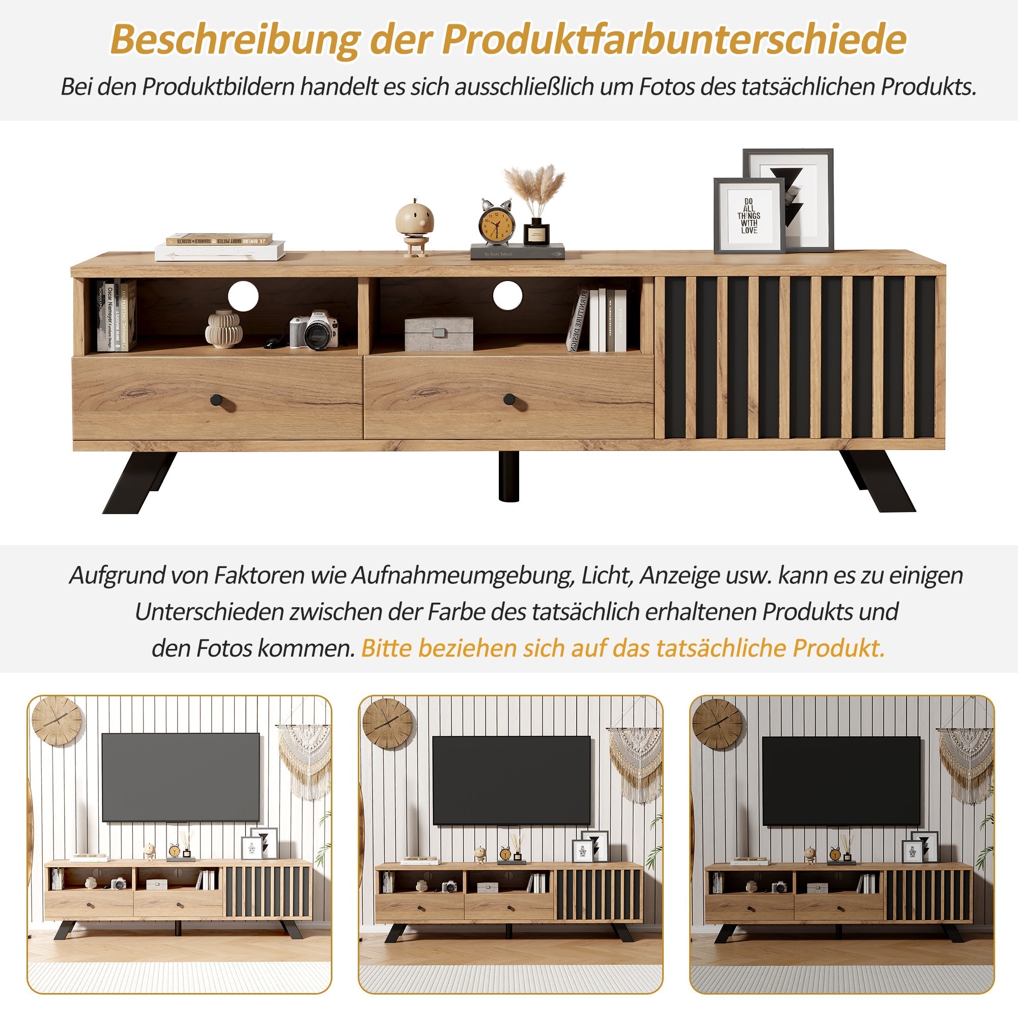 Living Room Combination, 120cm Sideboard + 150cm TV Cabinet, 5-Tier Storage, Solid Black Wood