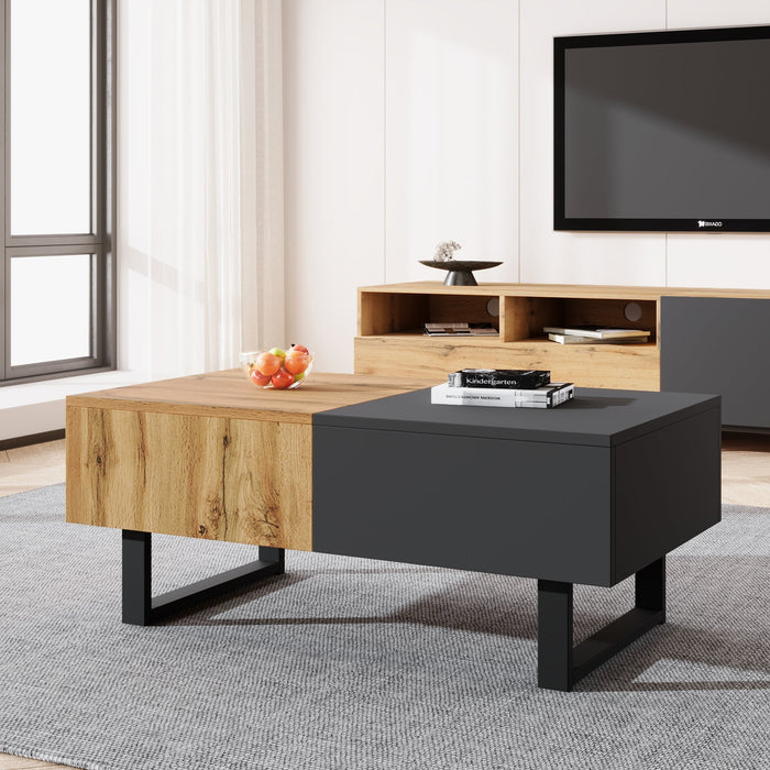 Multifunctional Modern Sliding Coffee Table with Hidden Storage, Wood and Metal