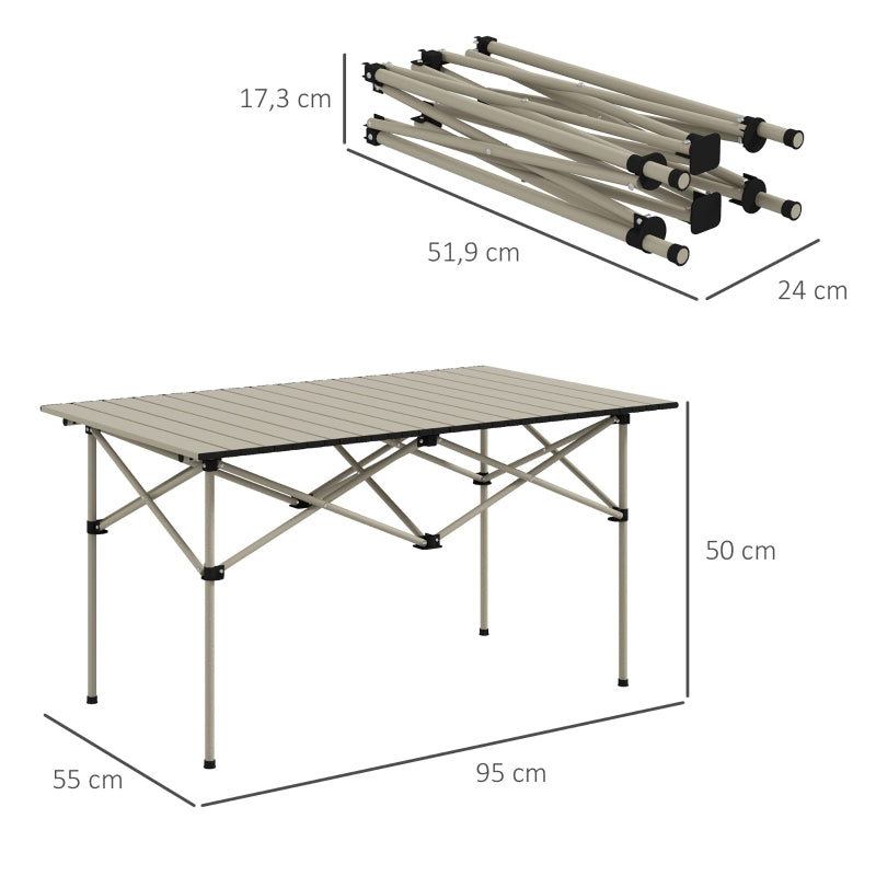 Camping Table Folding Table with Roll-Up Top, X-Frame, Lightweight 2-Person, 95 x 55 cm, Aluminum Khaki