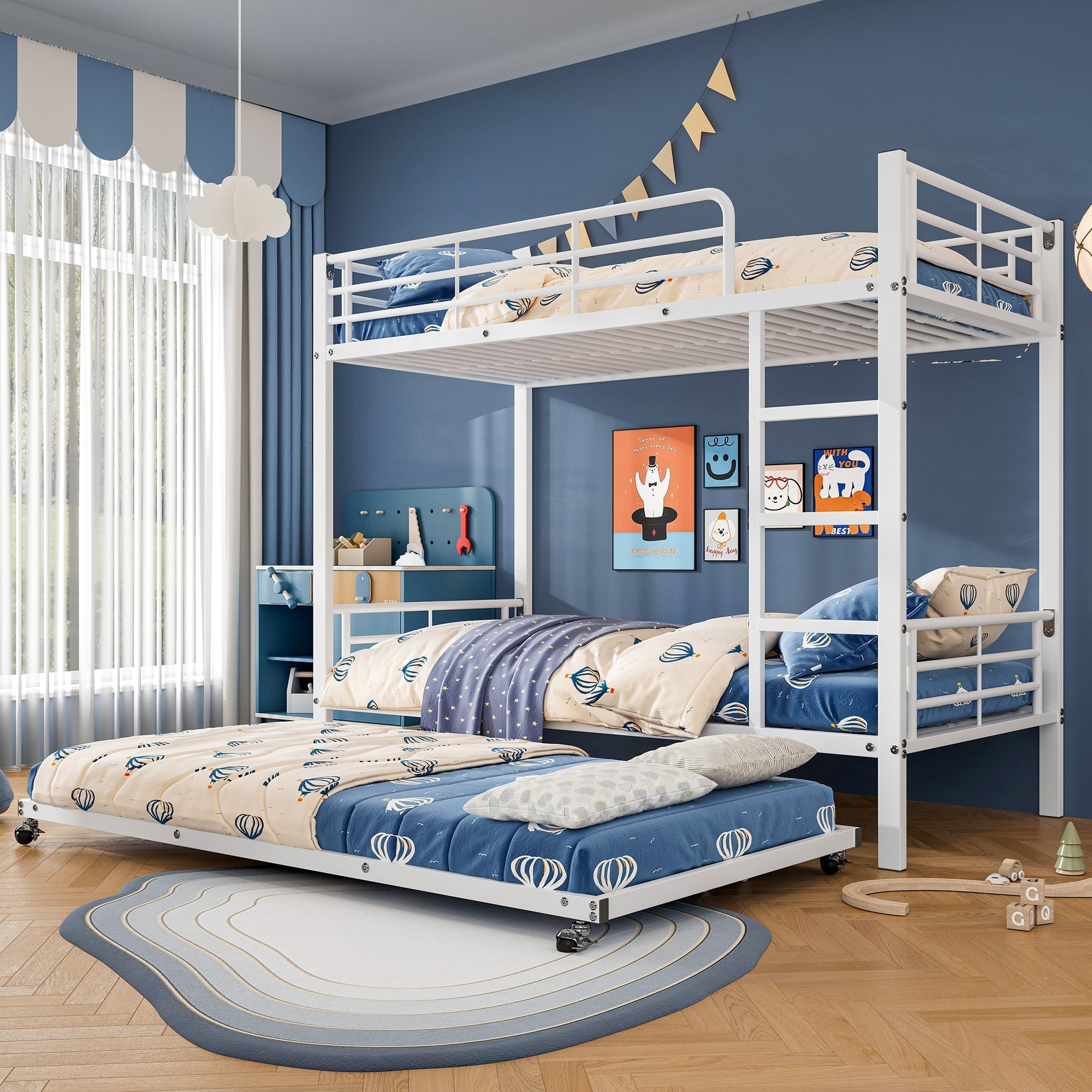 Iron Bunk Bed, Pull-out Bed, Side Rails, 90x200cm & 90x190cm, White