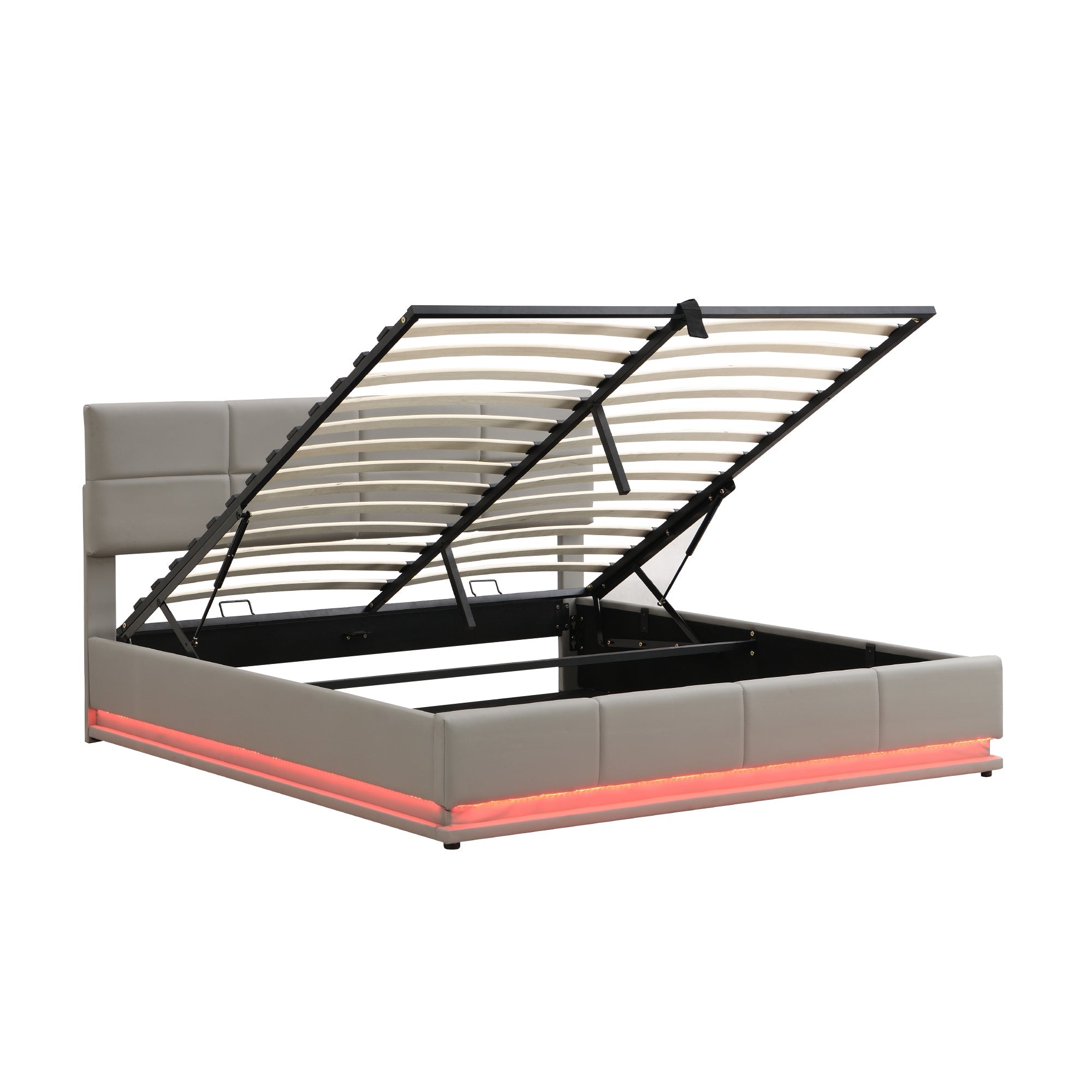 Upholstered Bed, 180x200cm LED & Hydraulic Storage, Faux Leather Light Grey