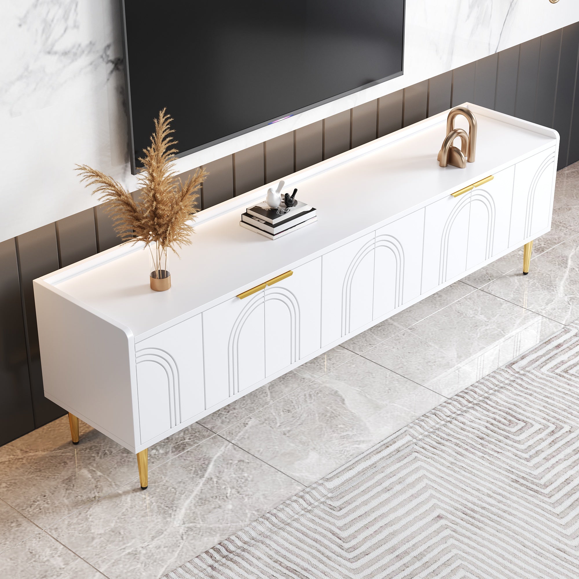 TV Cabinet Lowboard 170cm Textured Door Gold Handles/Feet