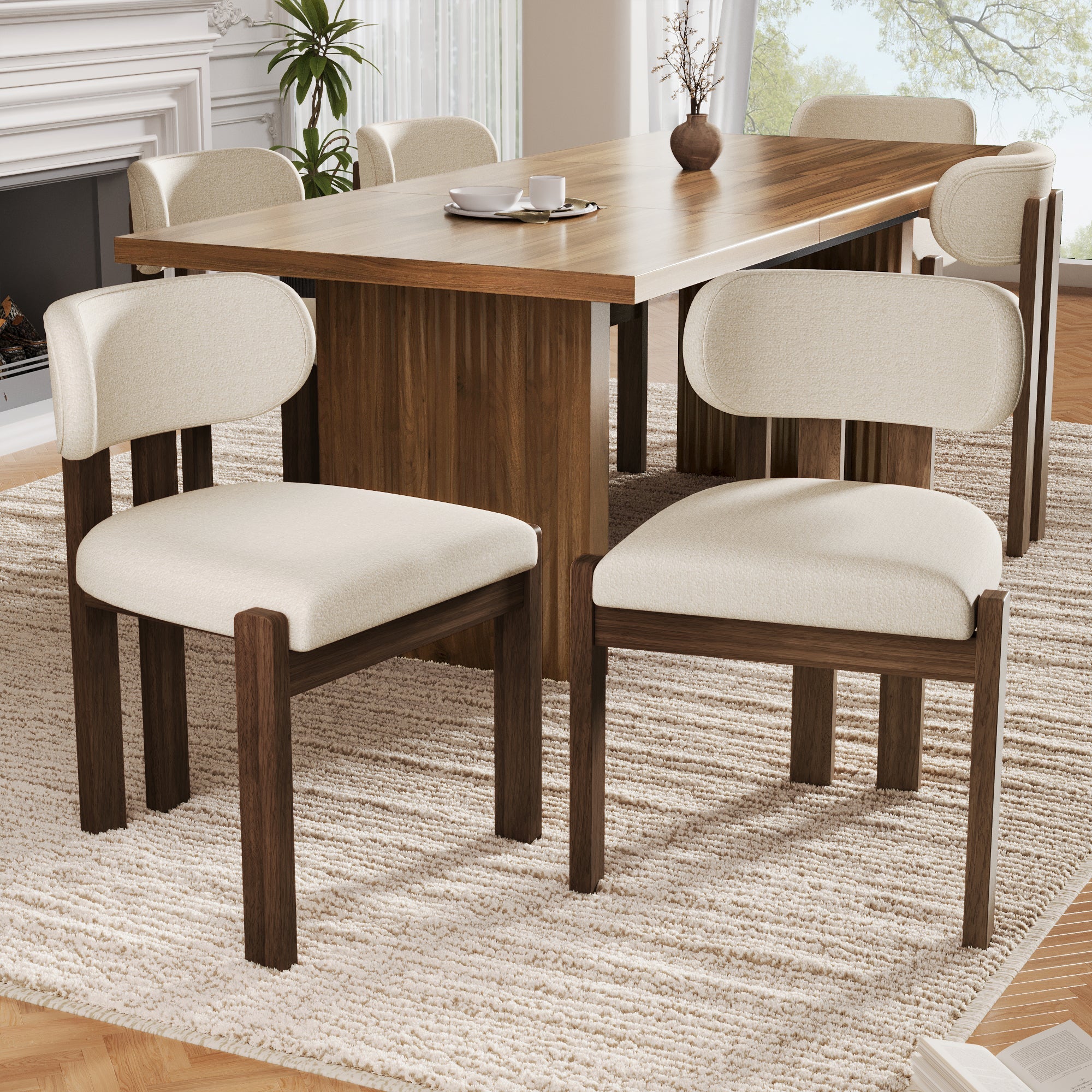 Solid Wood Dining Chairs Set of 6 with Modern Bouclé Fabric, Walnut Finish