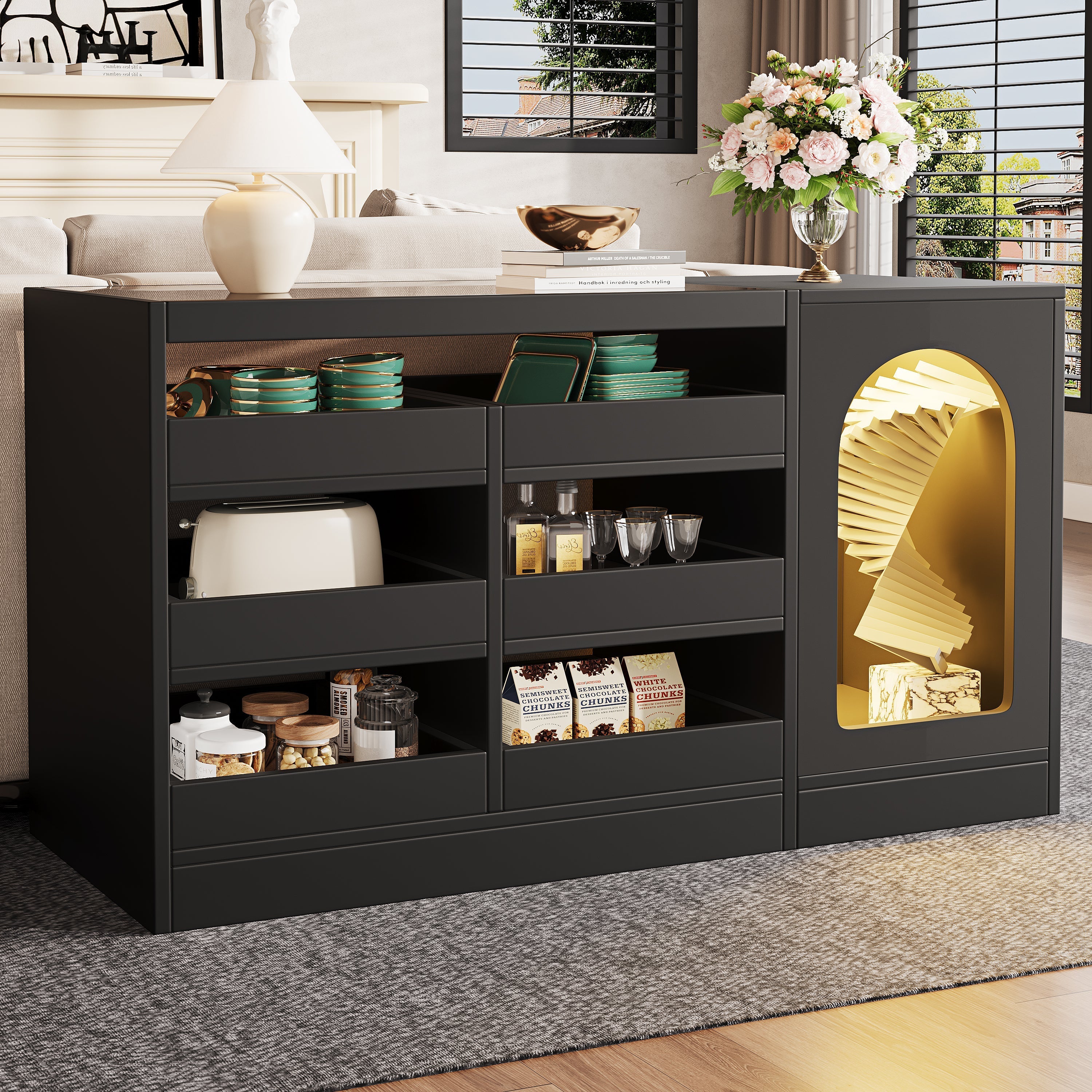 Chest of Drawers Cabinet, Modern 6-Drawer Hollow Door LED Light, Black