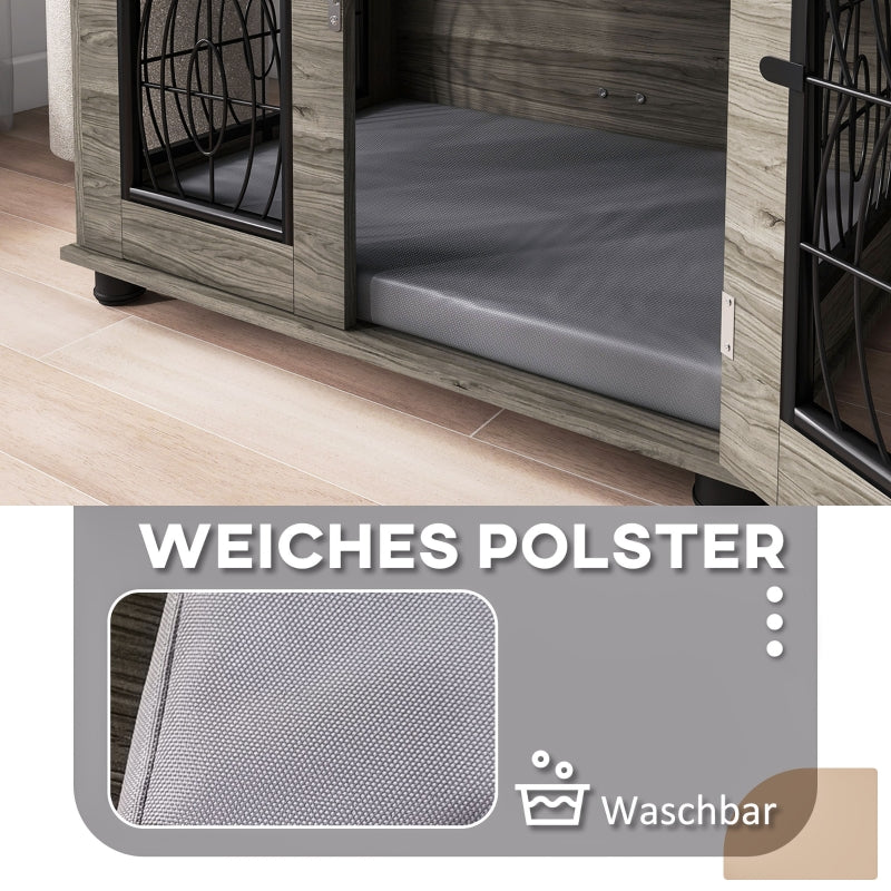 Dog Crate with Cushion, 20 kg/50 cm, Metal, Grey/Wood Decor