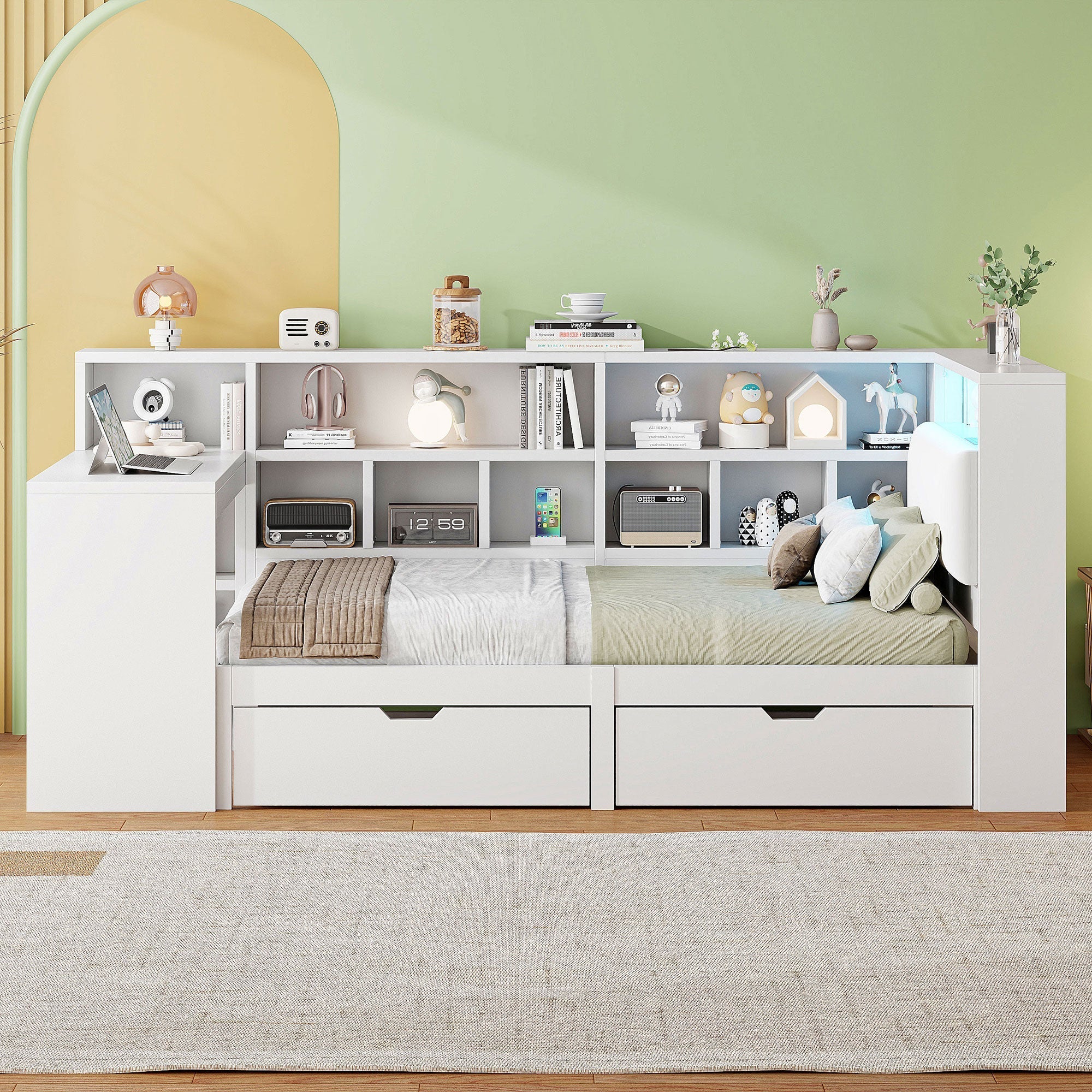 L-Shaped Platform Bed 90x200 Desk Bookshelf Drawers LED - White