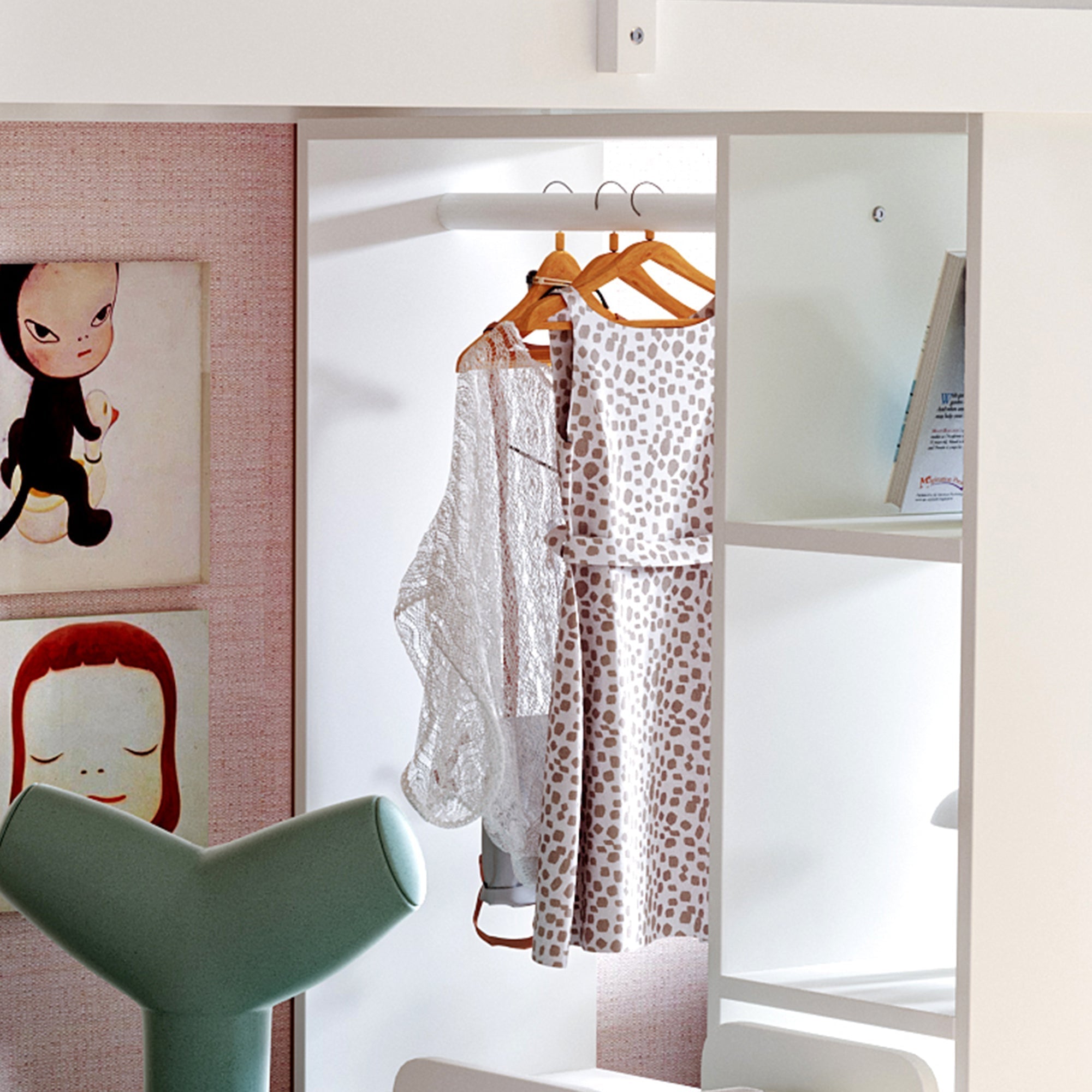 Children's Loft Bed, Multi-Level Shelves, Hangers, Storage, Removable Trolley, 90 x 200 cm, White