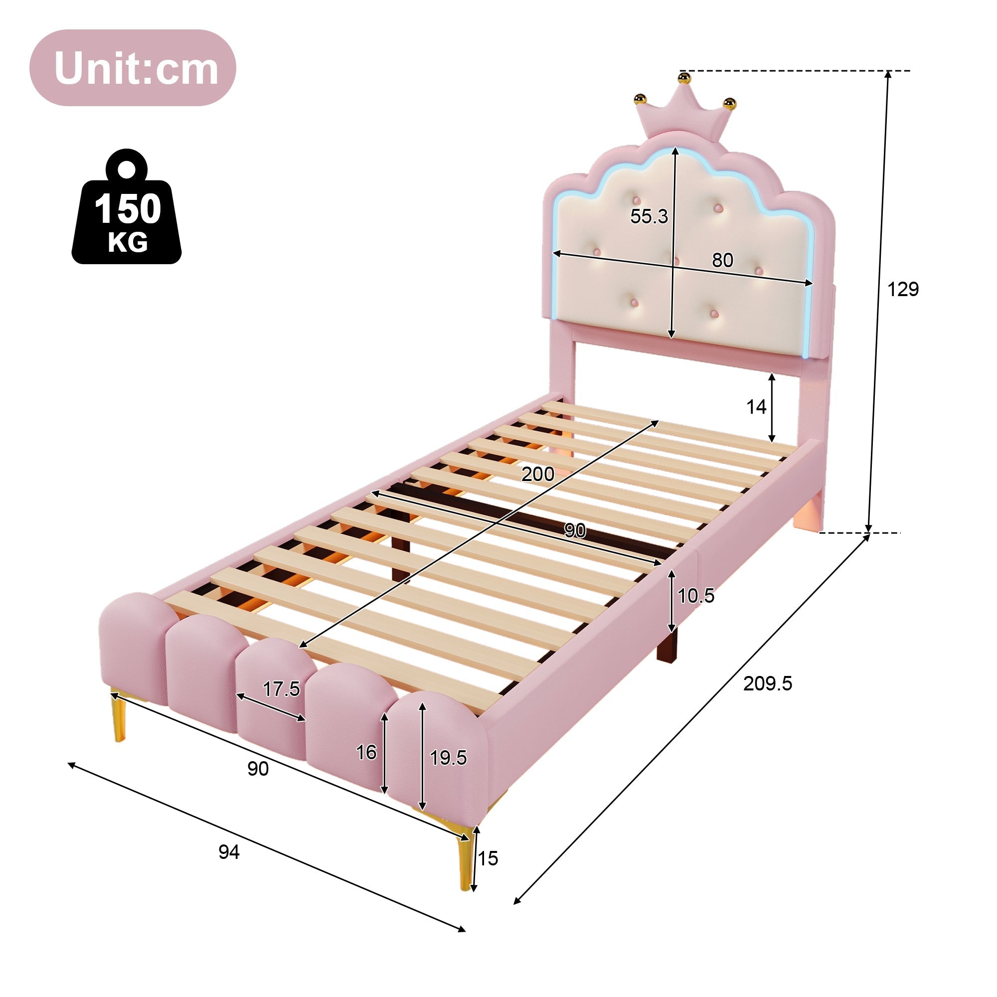 Upholstered Bed Princess Shape 90x200cm Ambient Light Pink PU Material