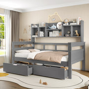 3ft Single Bed with Two Storage Drawers, Bookcase Headboard, and Guardrail, Wooden, Grey