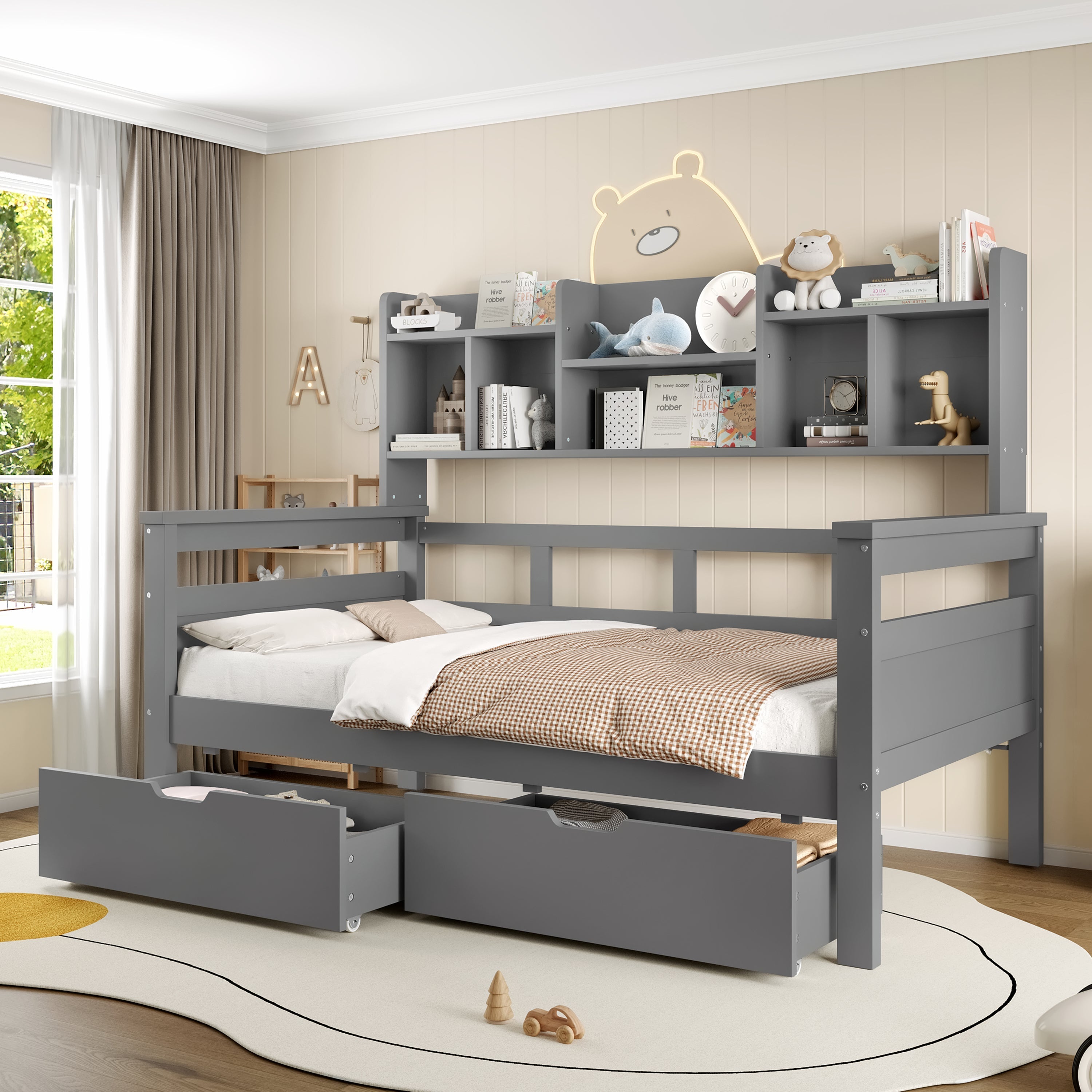 3ft Single Bed with Two Storage Drawers, Bookcase Headboard, and Guardrail, Wooden, Grey