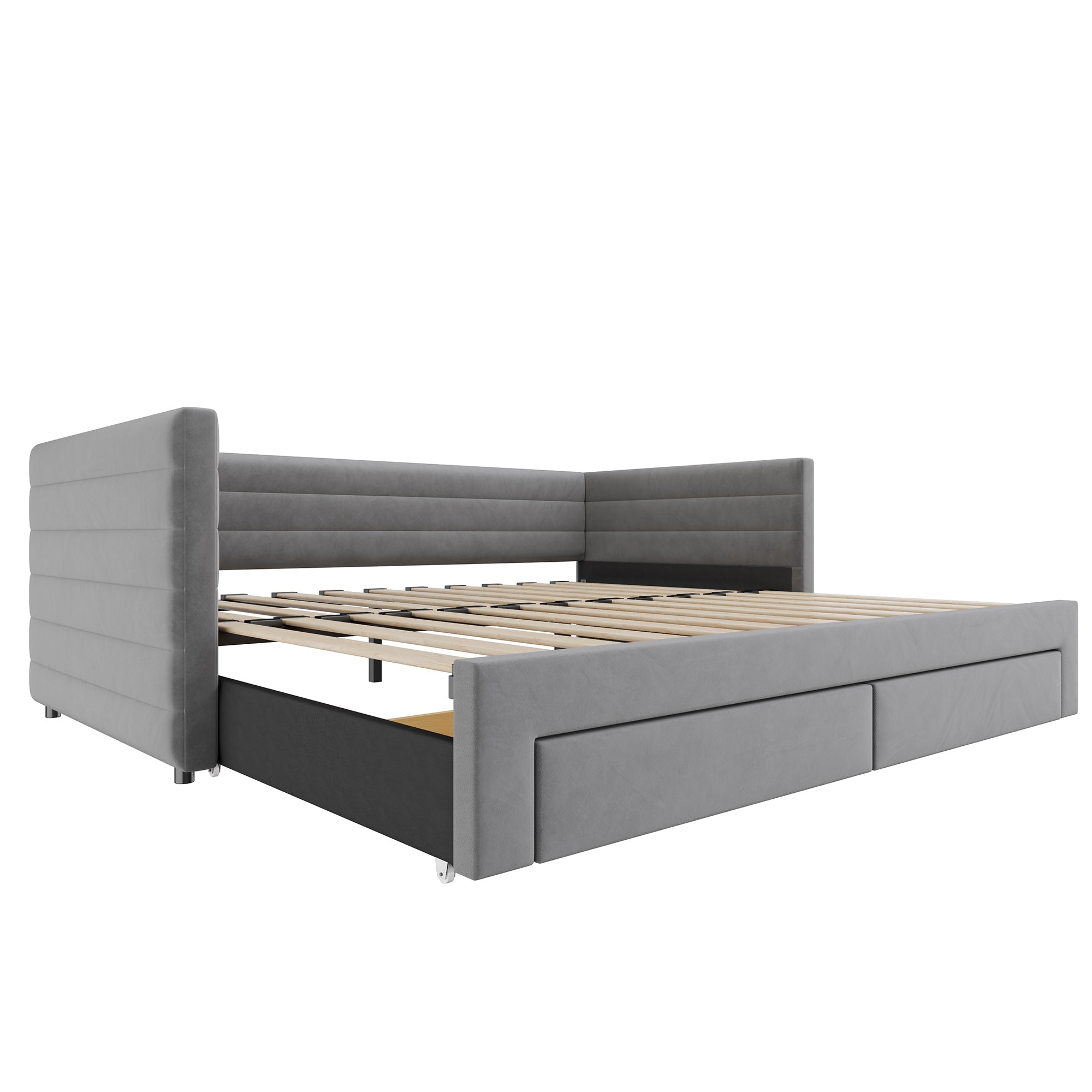 3-in-1 Upholstered Sofa Bed, Extendable with Drawers and Slatted Base, Grey Cotton and Linen