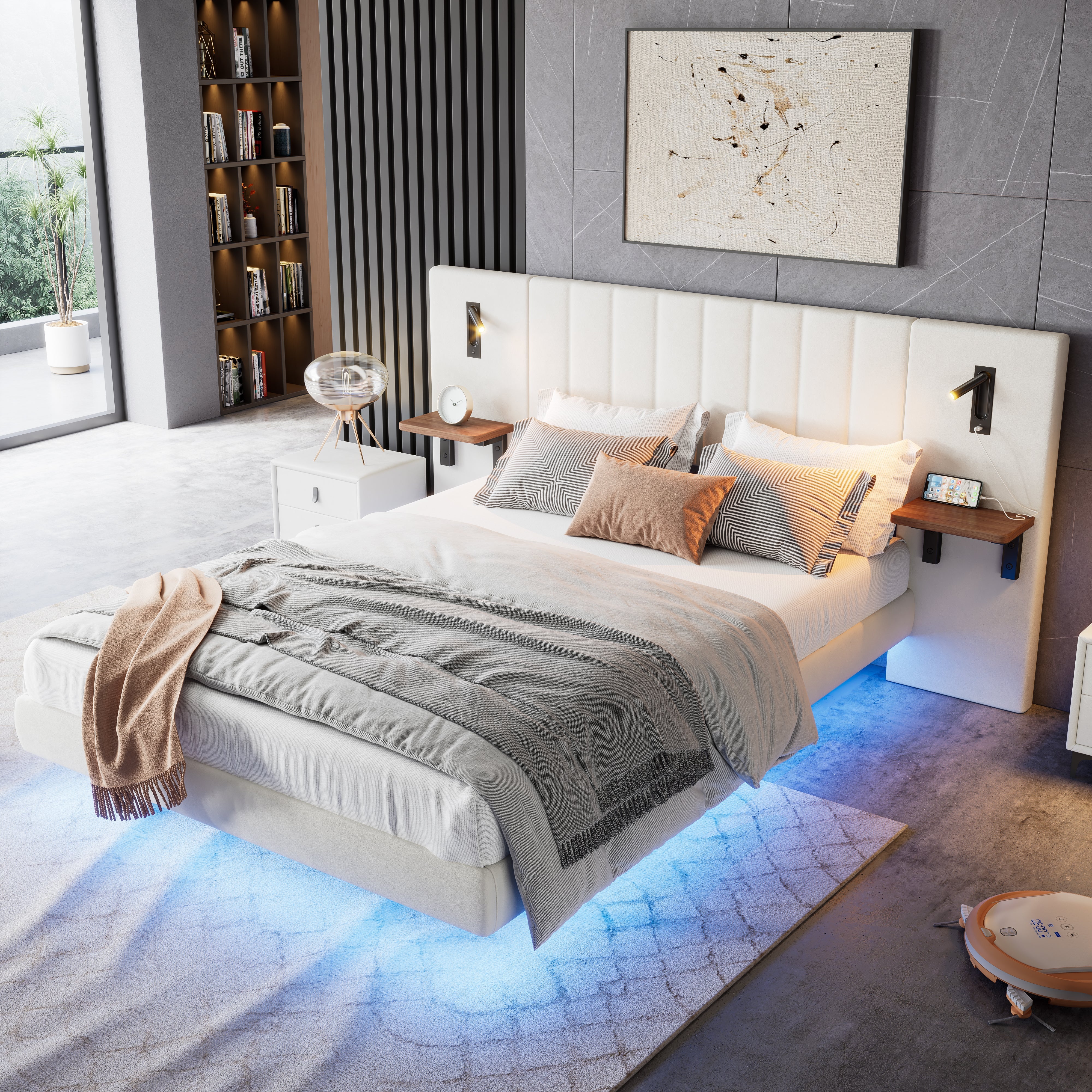 Upholstered King Bed 150x200cm, with Bedside Lamps & Charging Socket, Velvet and Iron, White