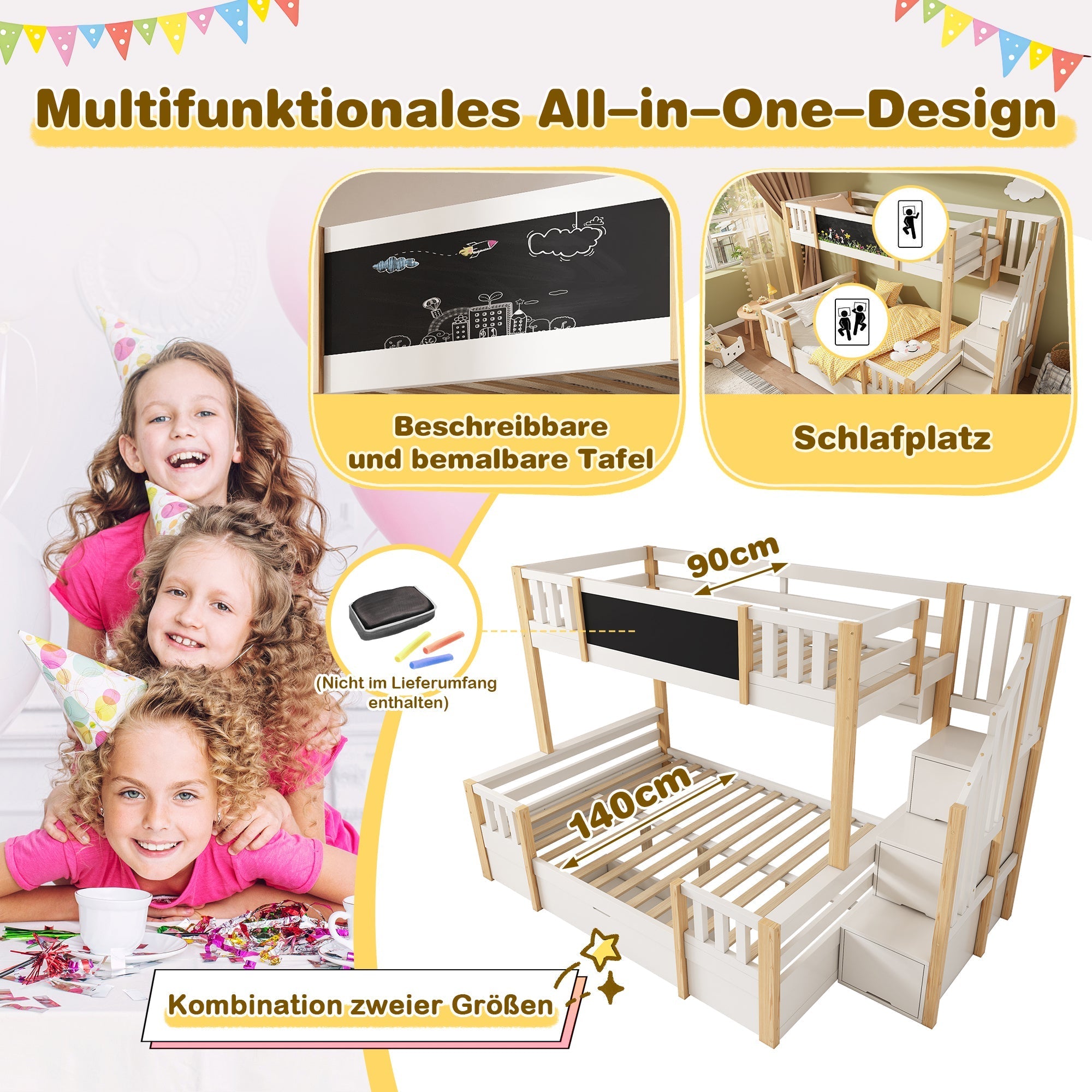 Bunk Bed for 3 Children with Storage Stairs and Chalkboard, White Natural Solid Wood
