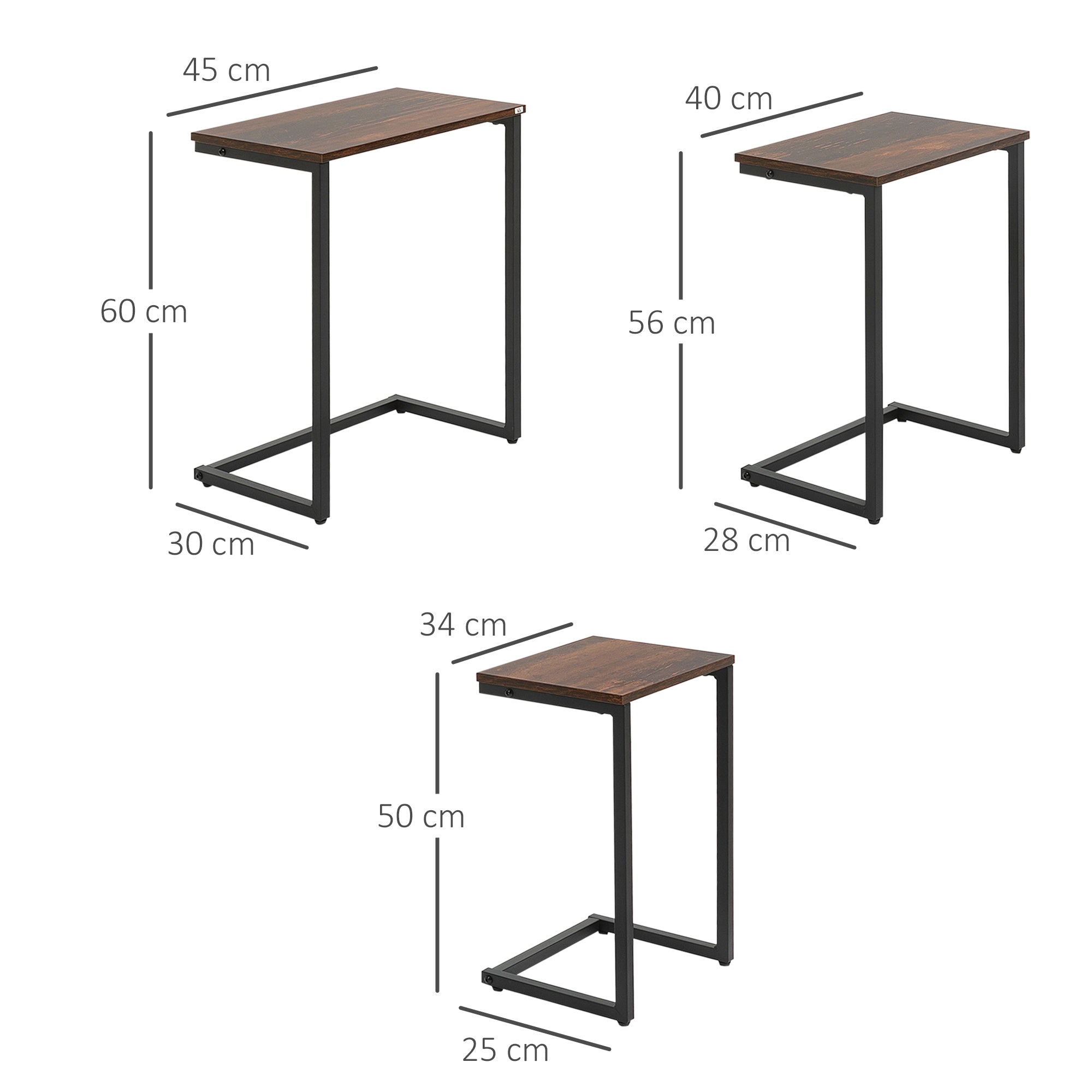 Set of 3 side tables, C-shaped nesting, space-saving, steel frame, rustic brown