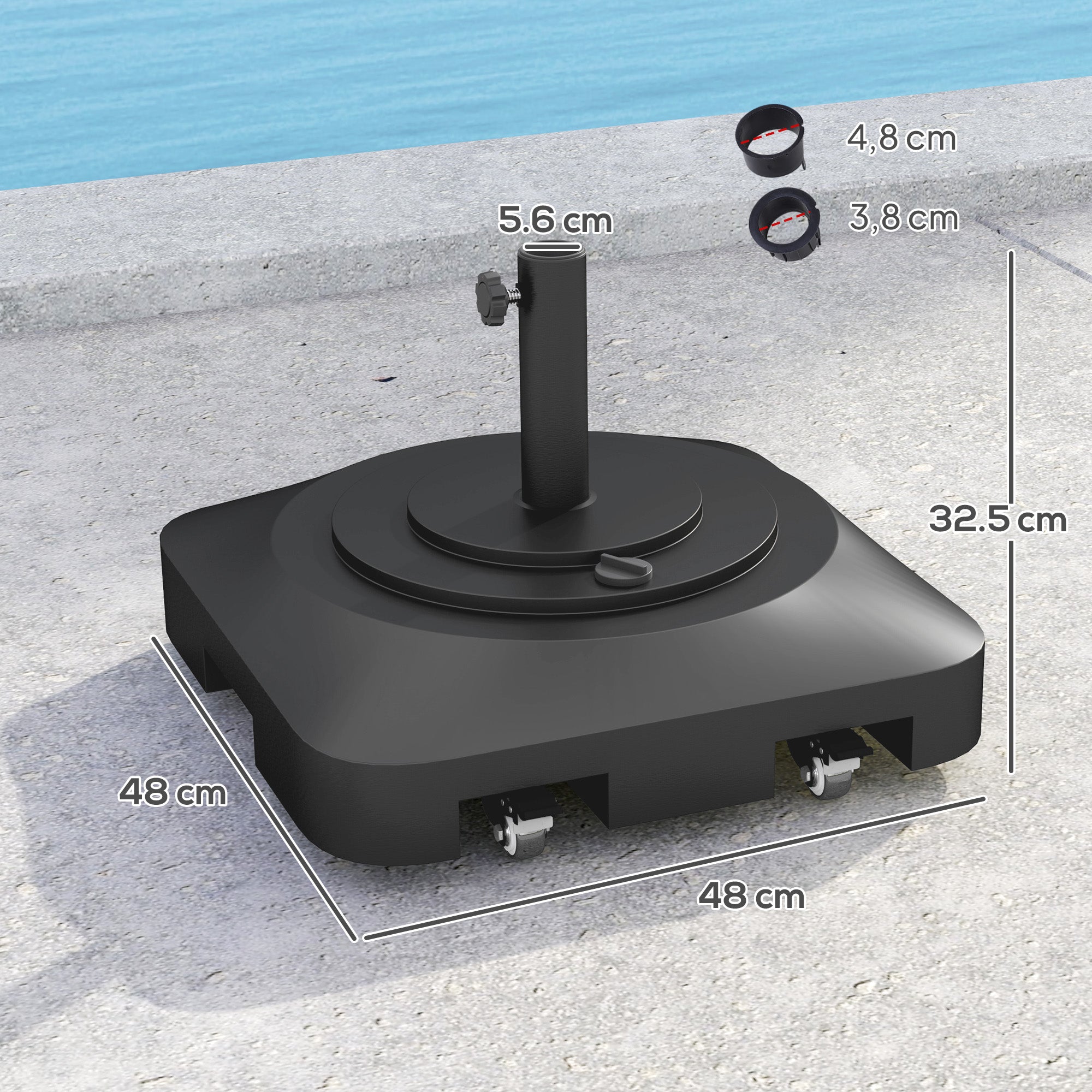 Parasol Base, Fillable 25kg, With Wheels, For Ø38/48 mm, Black