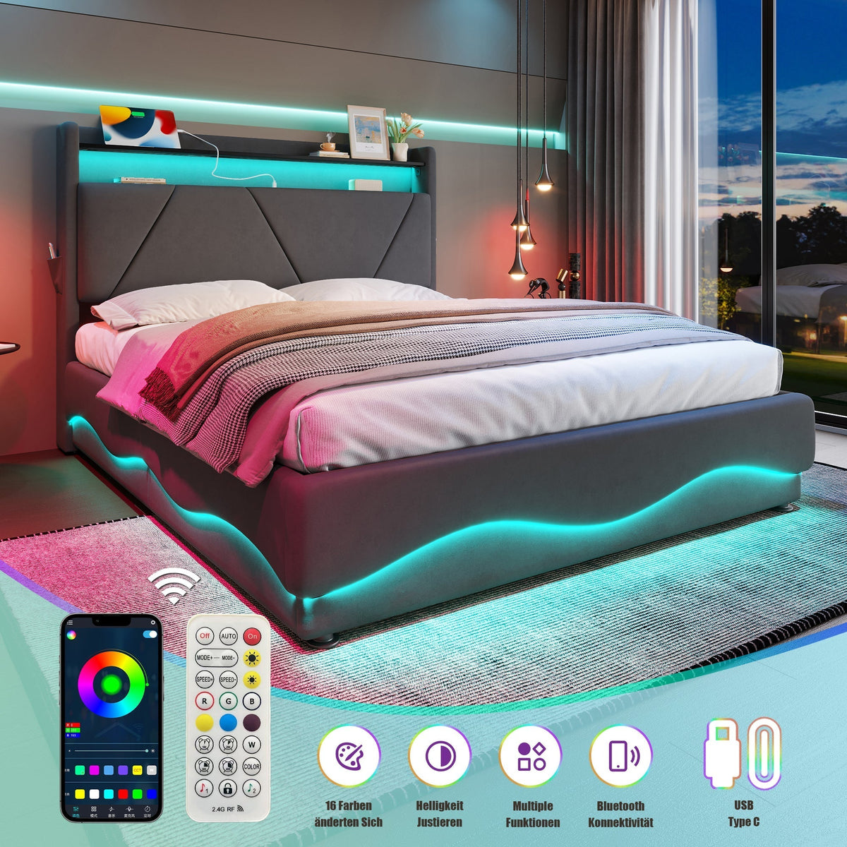 Modern Upholstered Bed, LED Headboard Storage USB Ports, 160 x 200 cm