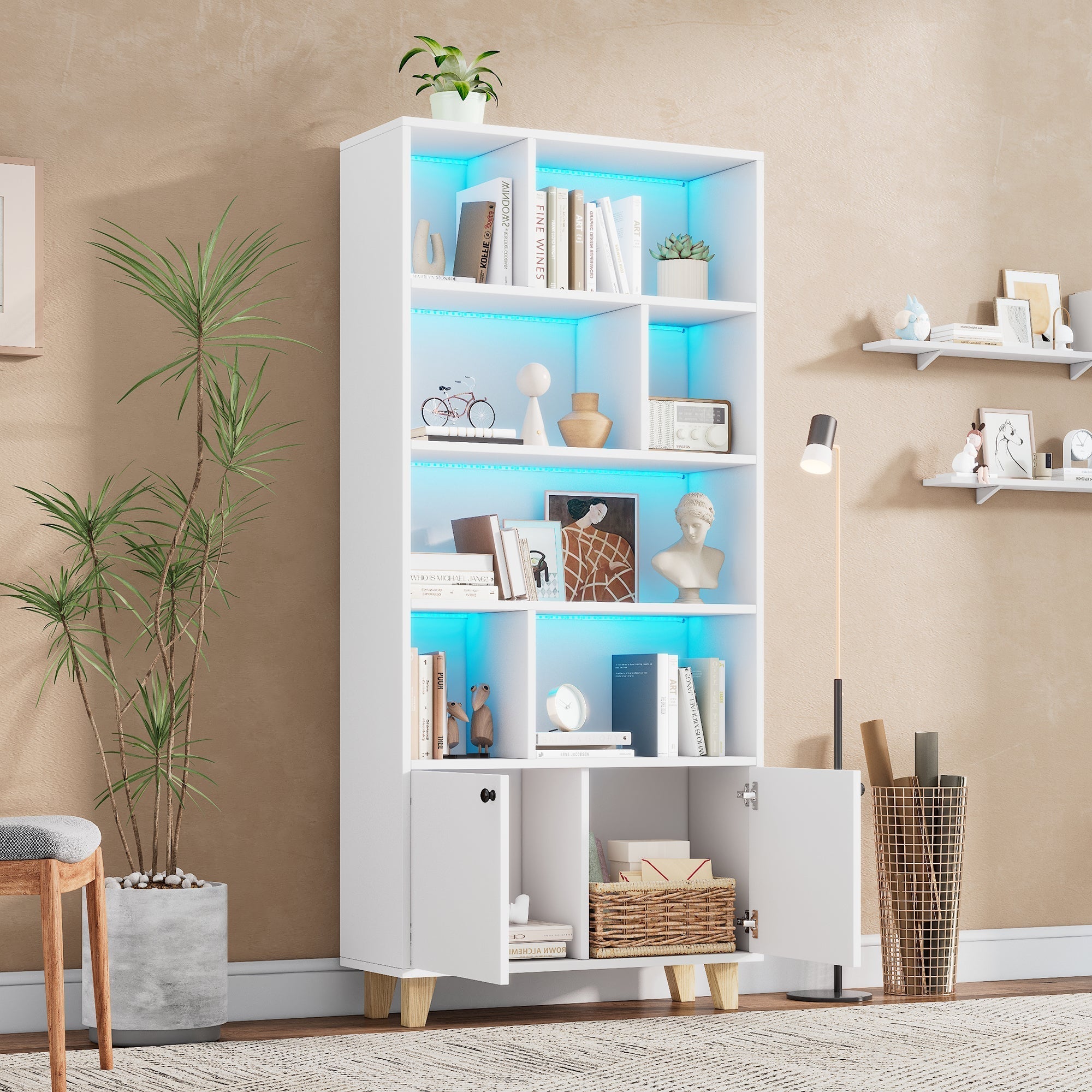 Bookshelf with Solid Wood Legs and LED Ambient Light, White