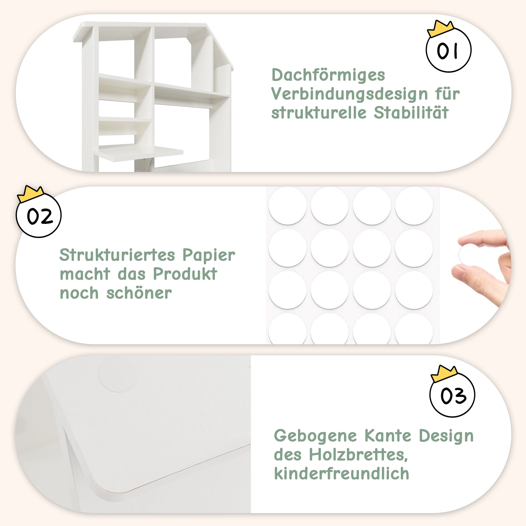 Wooden Shelf with Storage Space, Folding Bedside Table, Anti-Tip, White