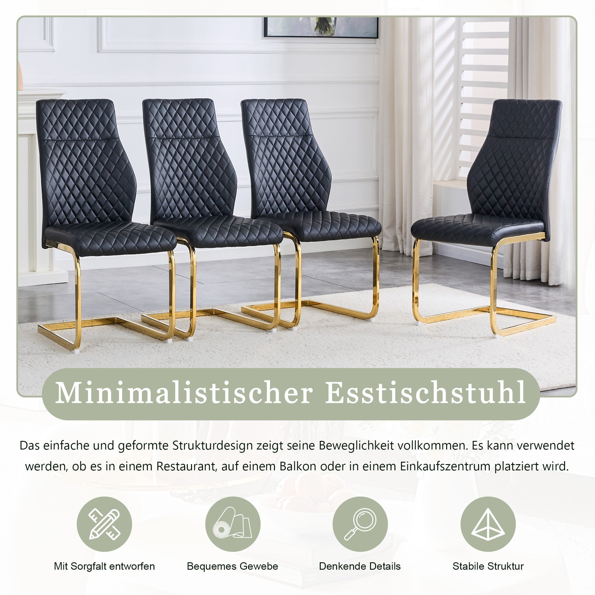 Dining Chairs Set of 2 with High Backrest and Padded Cushion, Black and Gold