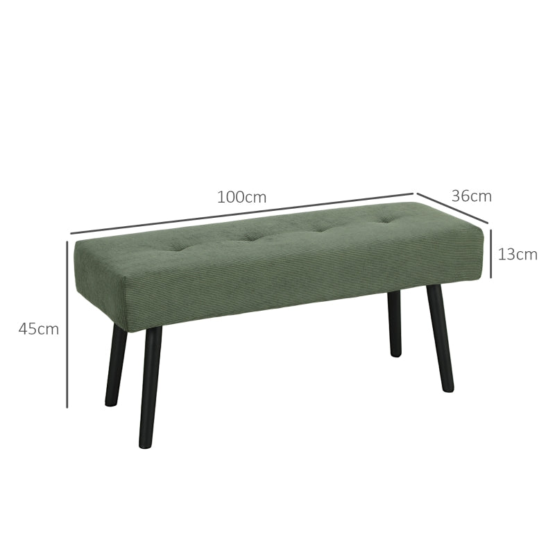 Upholstered bench with corduroy cover, metal legs, 100 x 36 x 45 cm, green