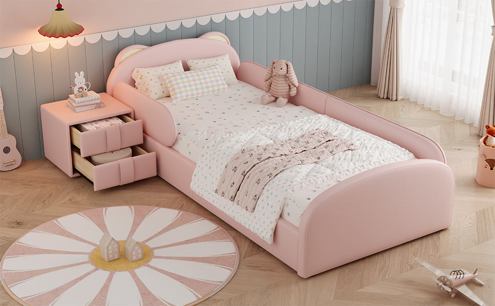Upholstered Children's Bed with Bear-Shaped Headboard and Matching Bedside Table, 90x200cm, Pink Velvet