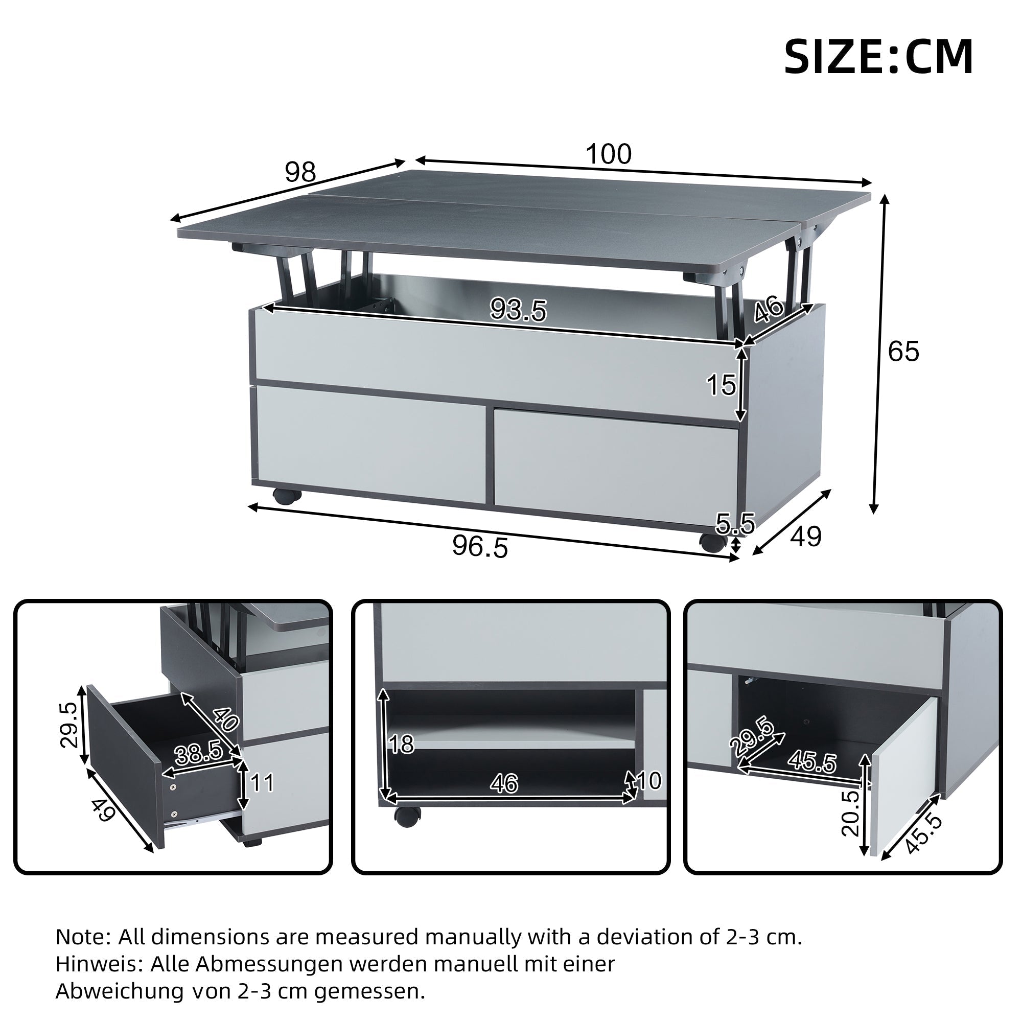 Coffee Table, 100x98x65cm Height-Adjustable Multifunctional with Hidden Storage & Wheels, Grey and White Splices