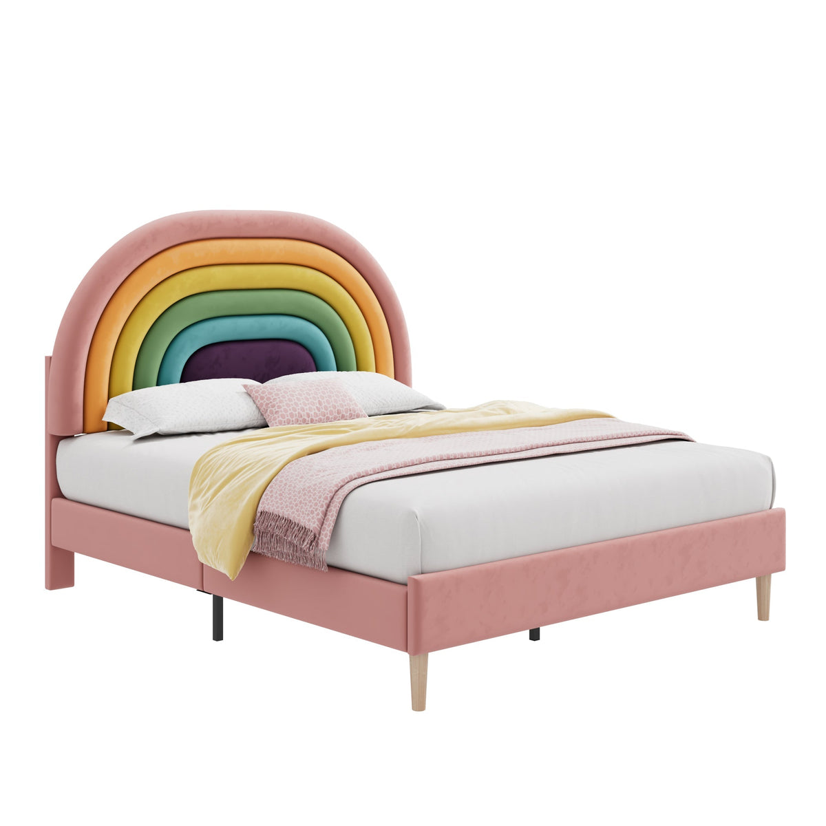 Upholstered Bed 140x200cm Slatted Base Adjustable Headboard - Velvet Pink