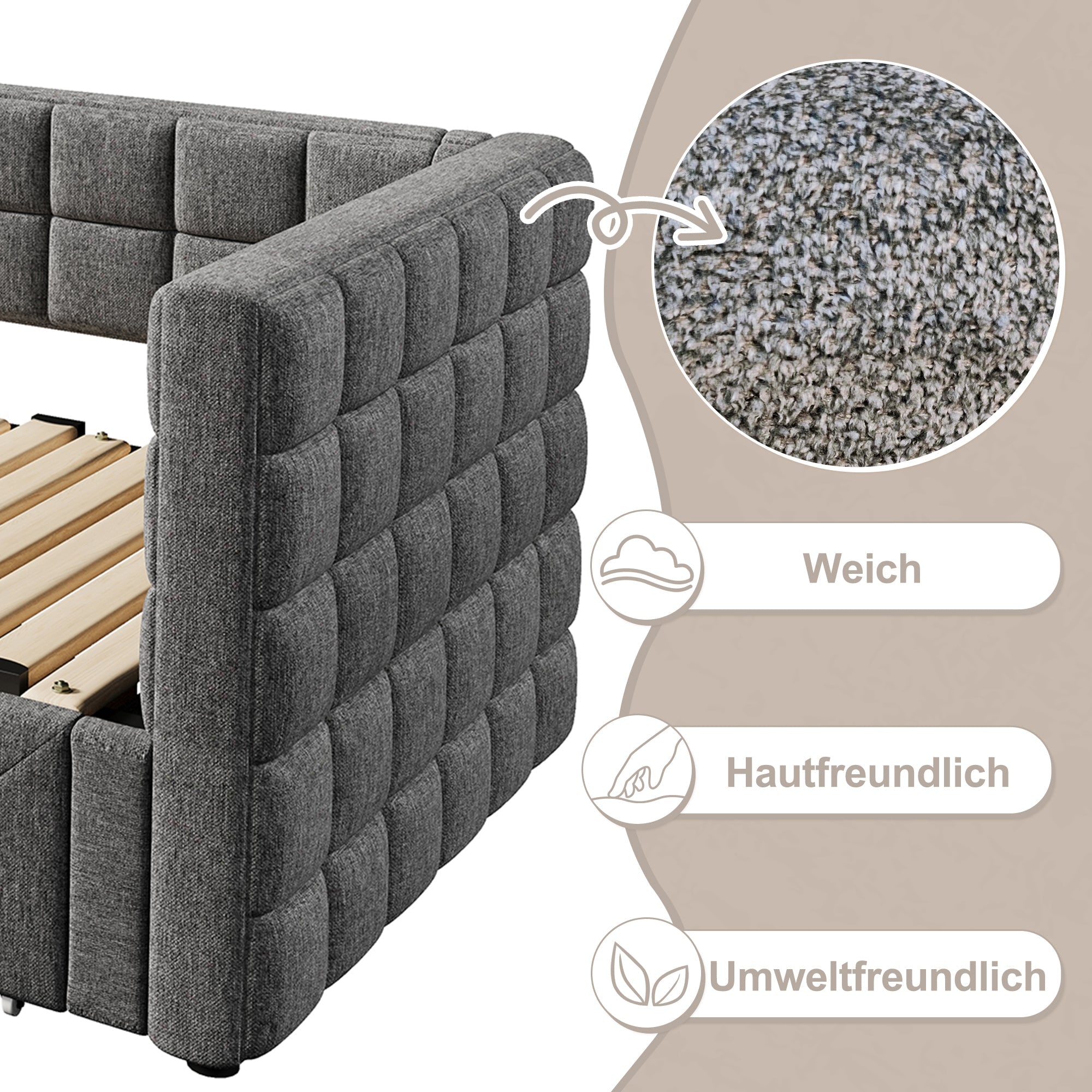 Daybed with Square Backrest and 2 Storage Drawers, Extendable to 180cm, Grey Velvet