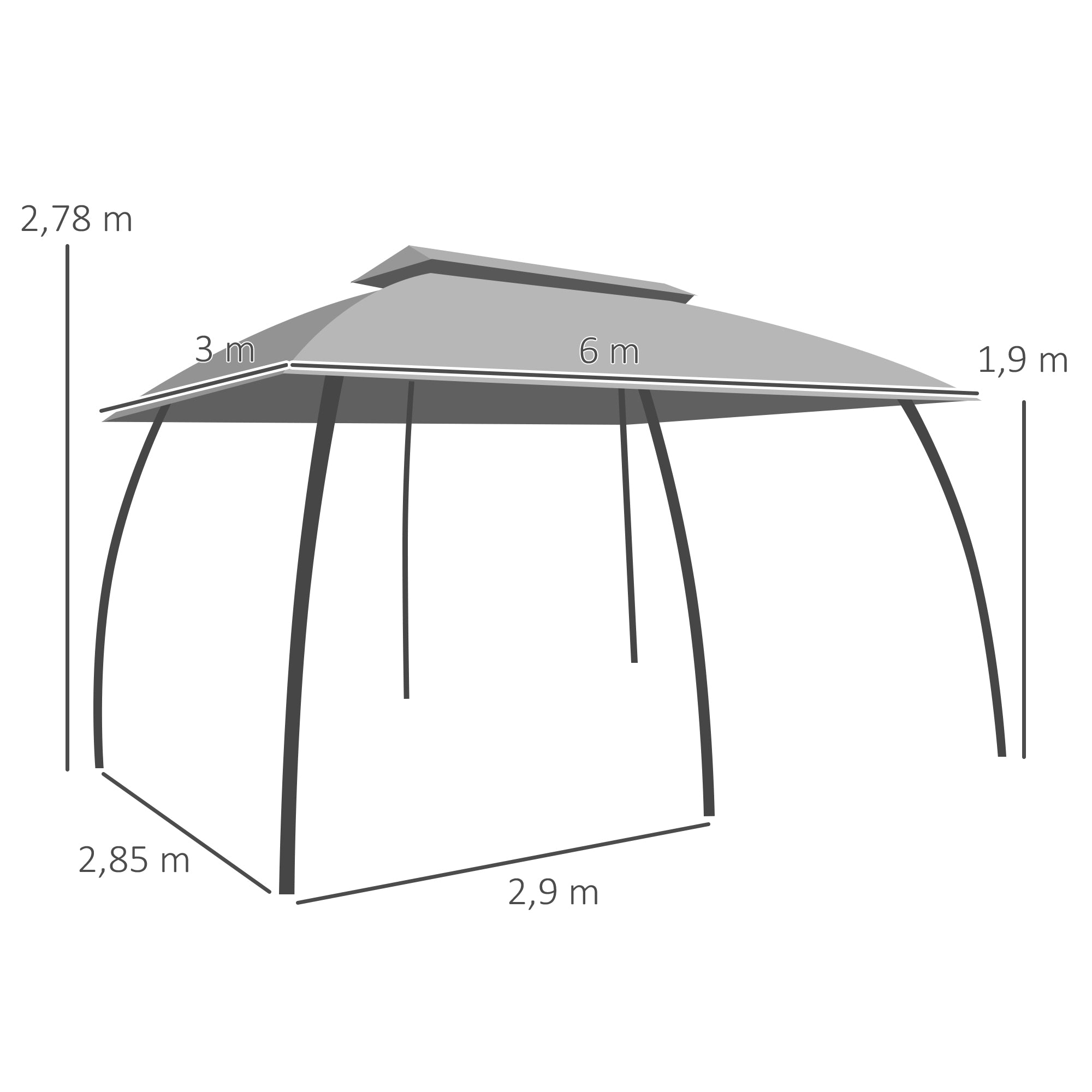 Garden Pavilion Party Tent Double Roof and Sidewalls Fly Nets Galvanized Metal Dark Grey