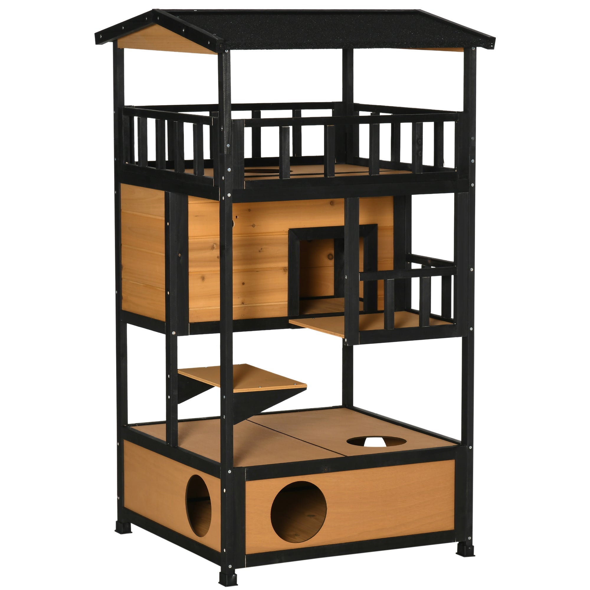 Cat House, 4 Levels with Stairs, Winter-Proof, Yellow Fir Wood