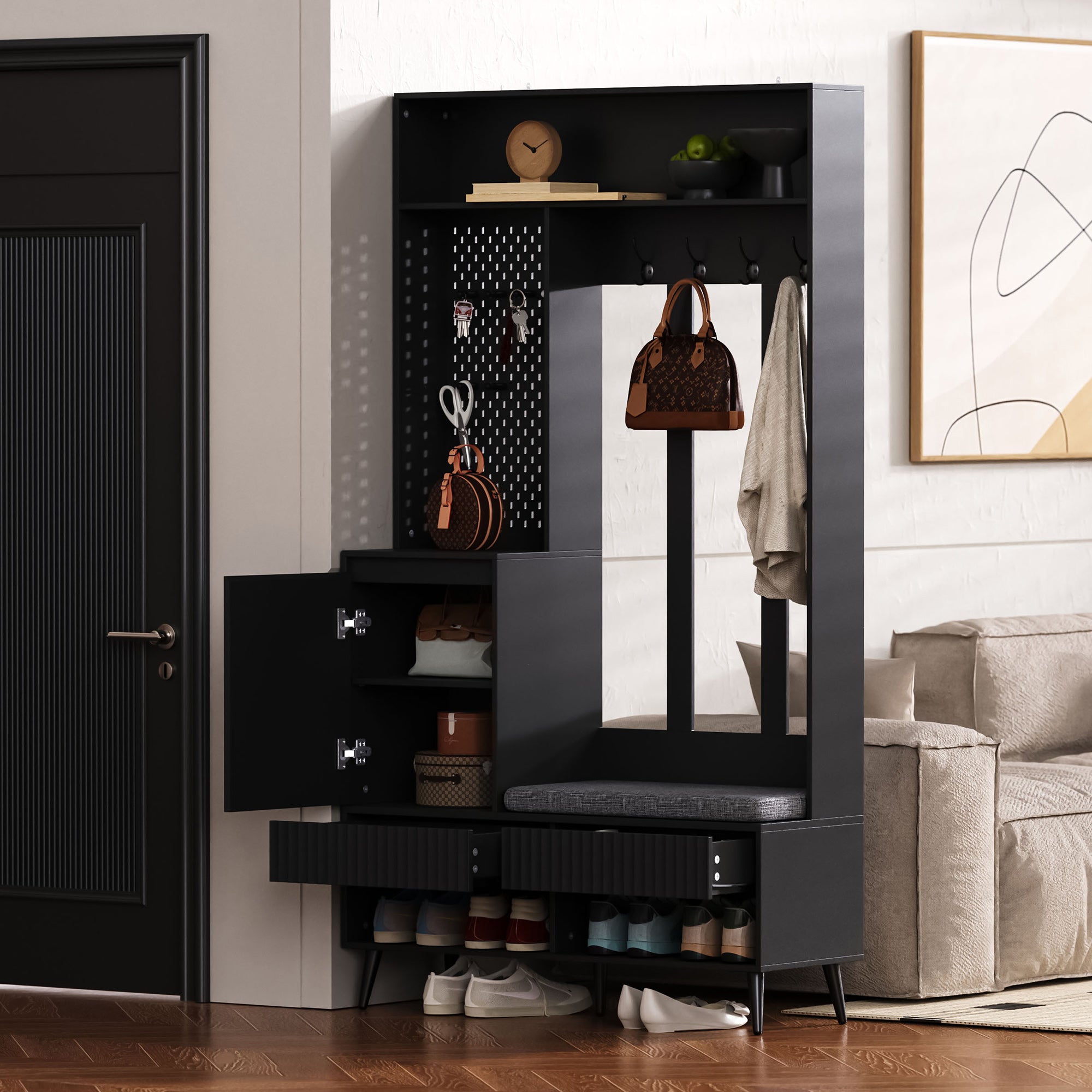 Wardrobe set with shoe bench, 4 coat hooks, two drawers, 1 door, black