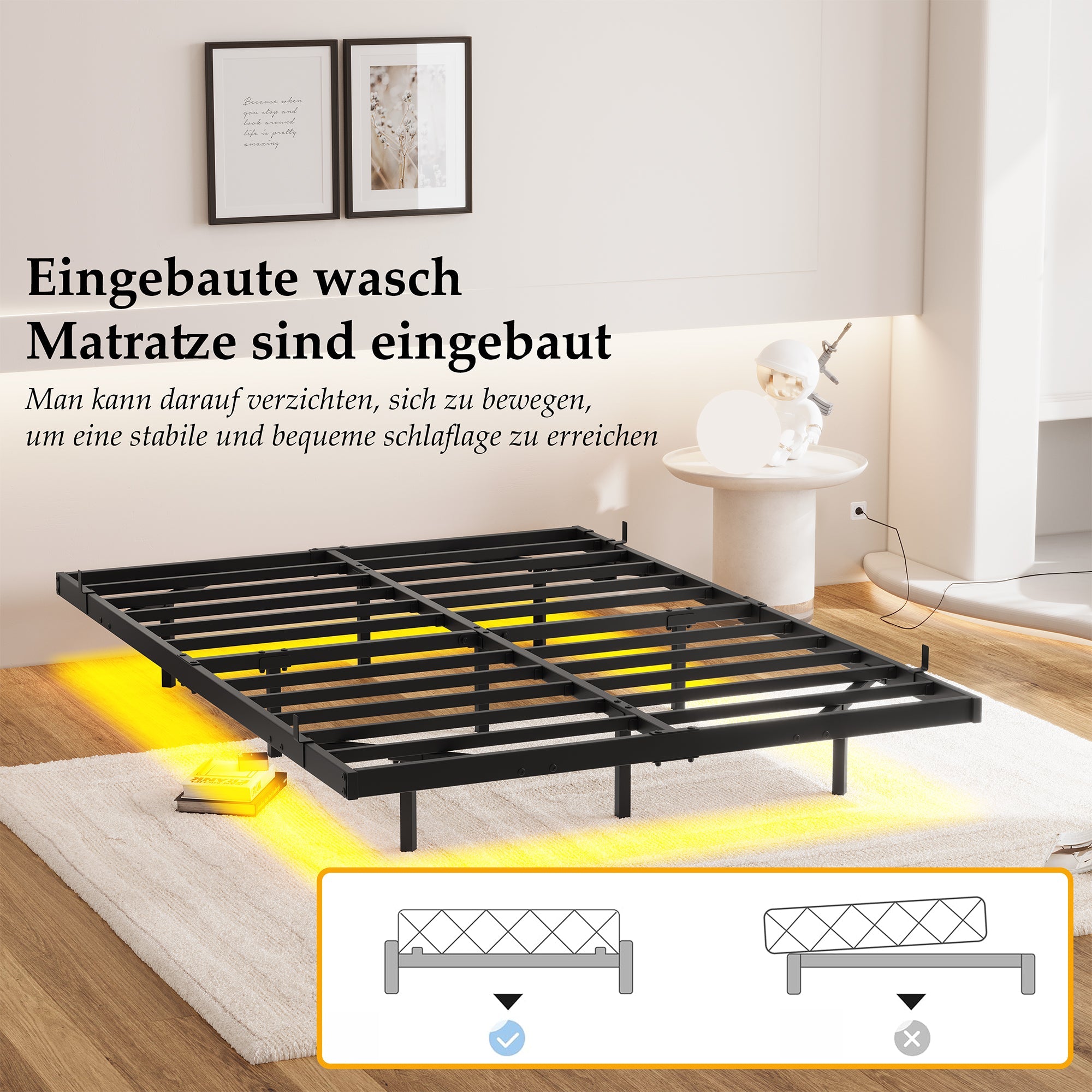 Floating Bed Frame 120x200cm LED Charging Station Metal - Black