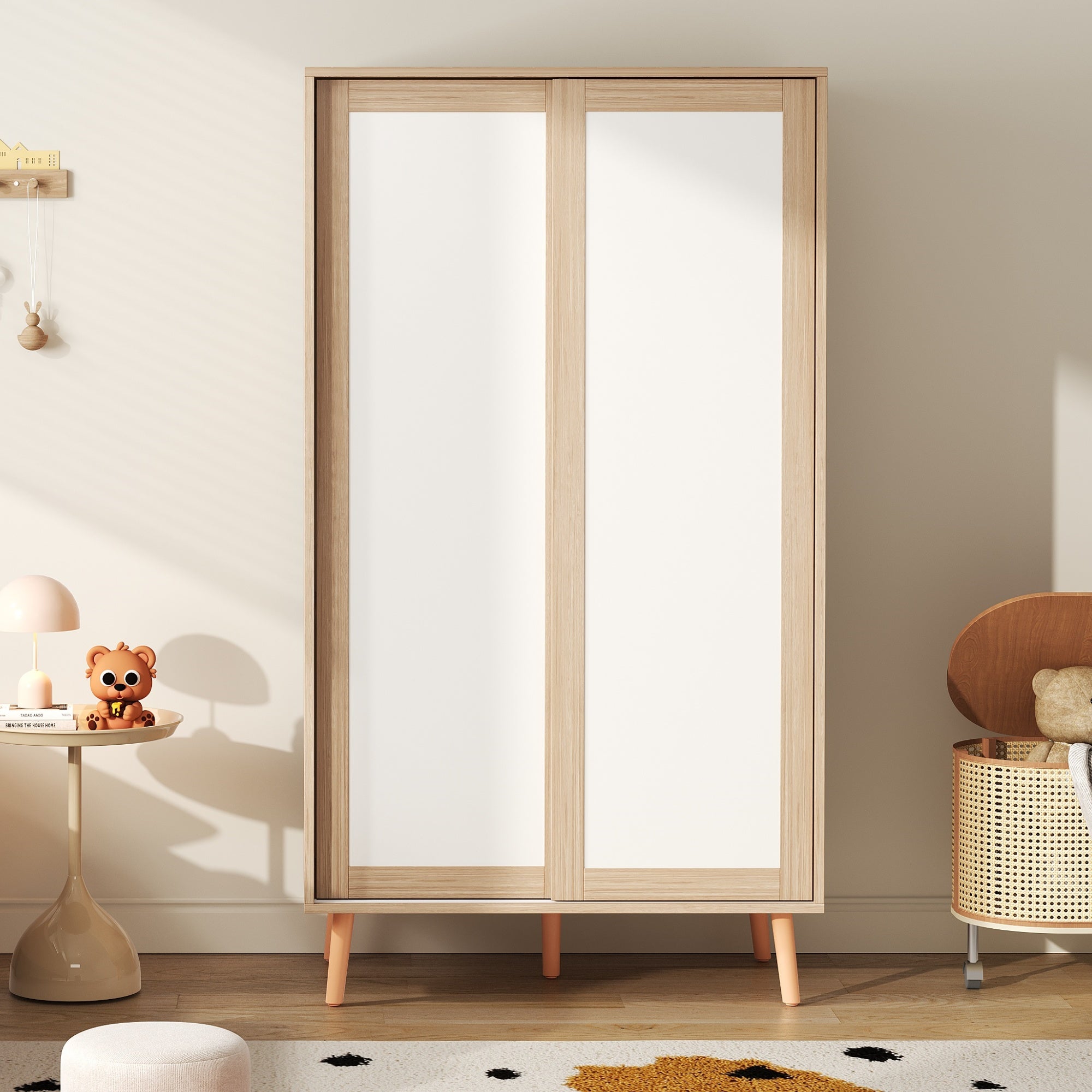 Children's Wardrobe Sliding Door Clothes Rail Solid Wood Legs, White/Natural Wood