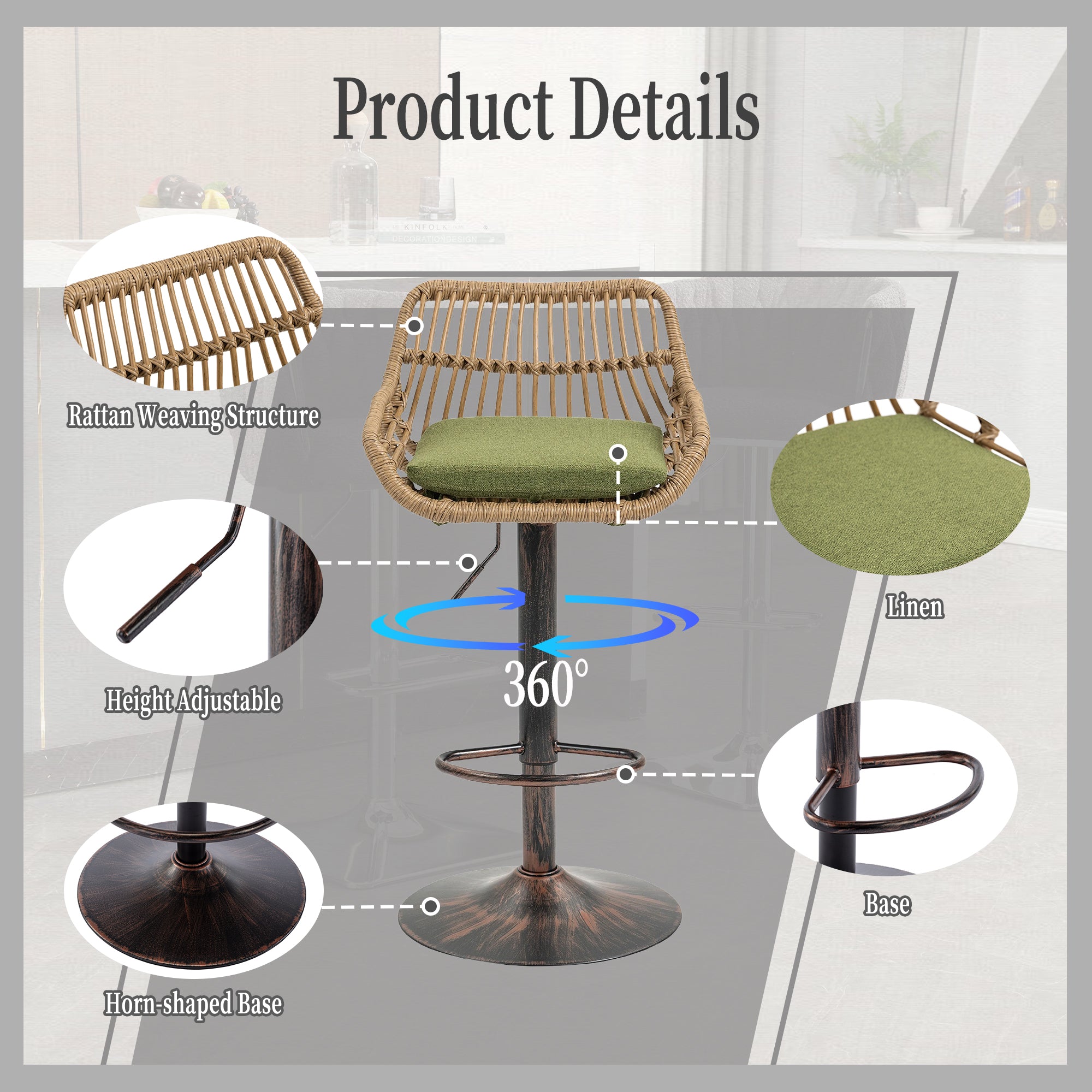 GOMYWAY 2 PCS Swivel Bar Stools, Height Adjustable Cushion, Linen Green