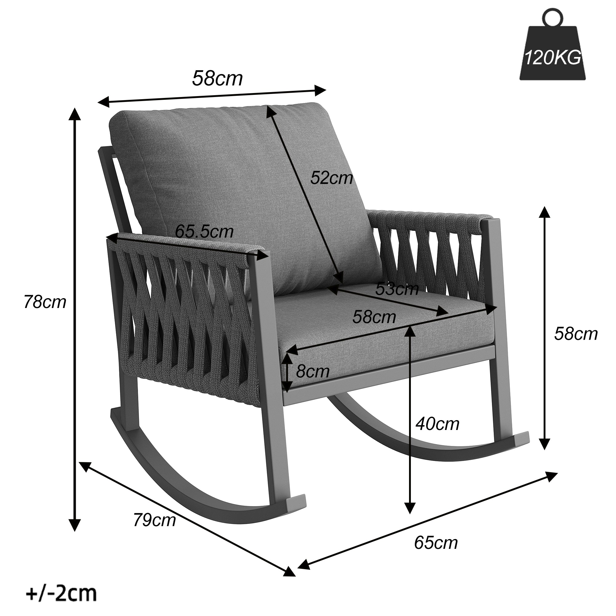 Outdoor Rocking Chair with Cross-Rope Weaving and Weatherproof Metal Frame, Metal and Rope