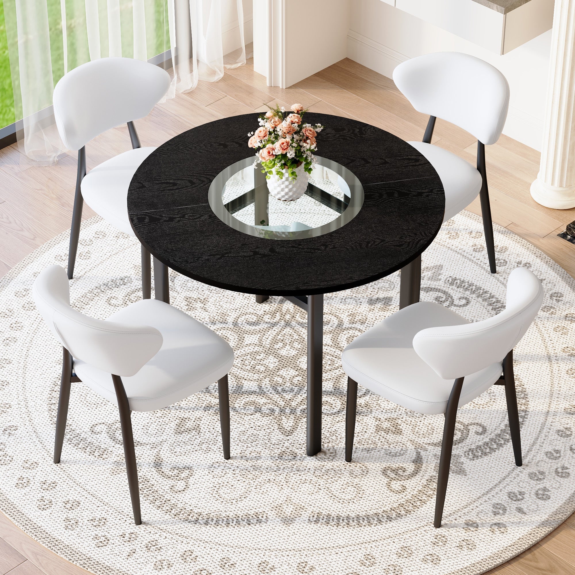 Round Table Set 100cm 4 Chairs Modern Minimalist - Black Wood/White PU