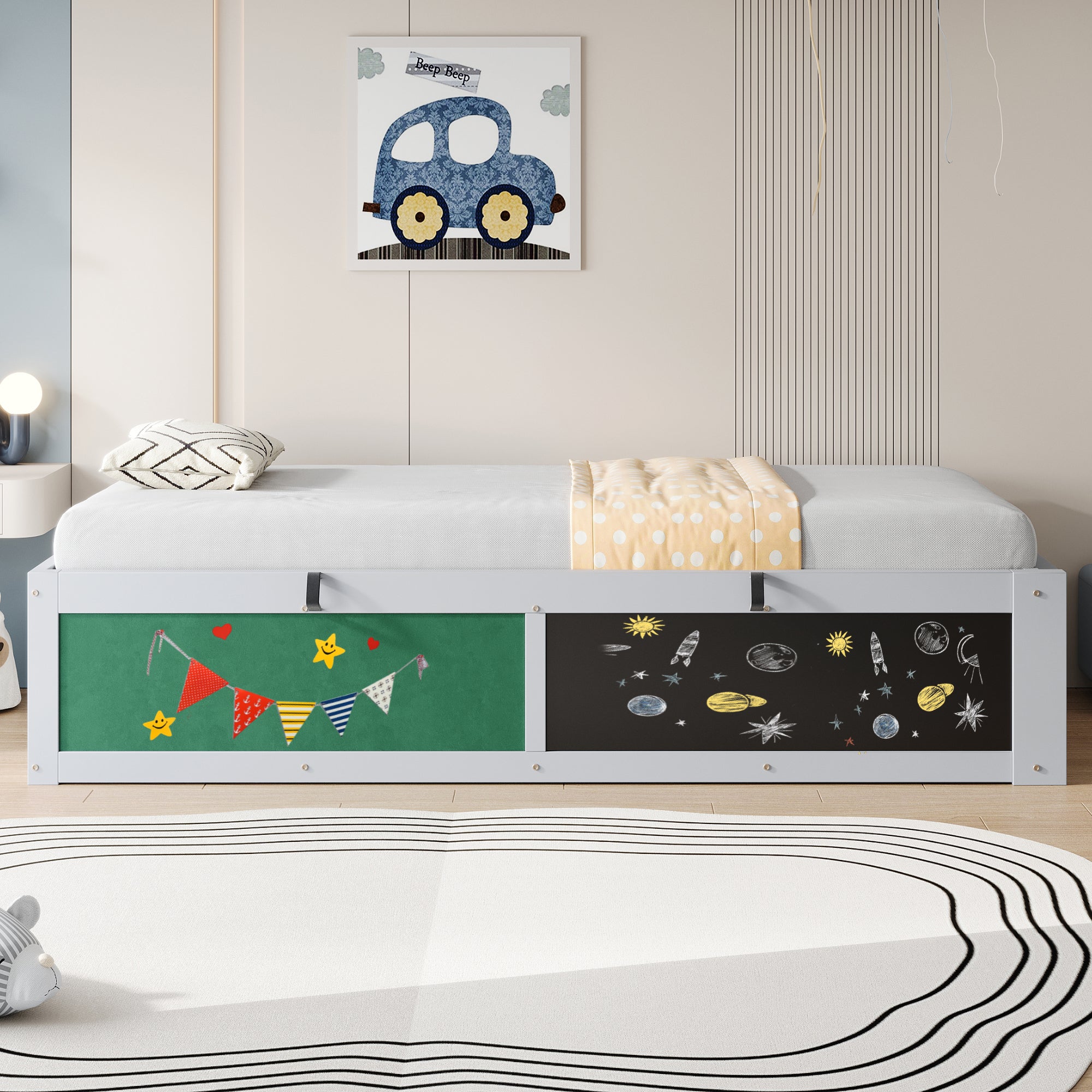 Children's Bed 90x200cm Hydraulic Adjustment Writing Surface Storage Felt Top Grey