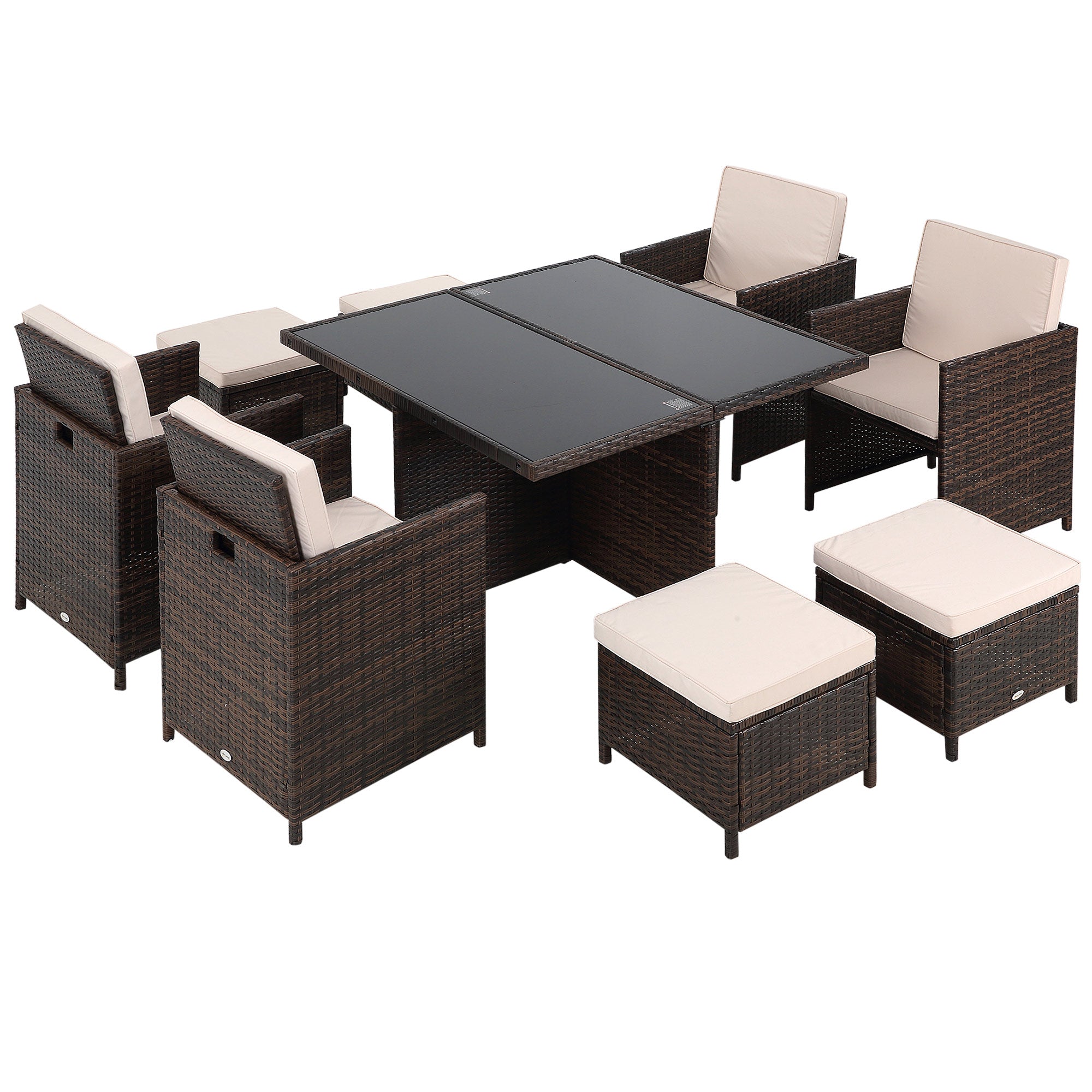 Rattan Cube Garden Furniture Set, 8 Seater Dining Set with Square Glass Top Table, Brown Rattan