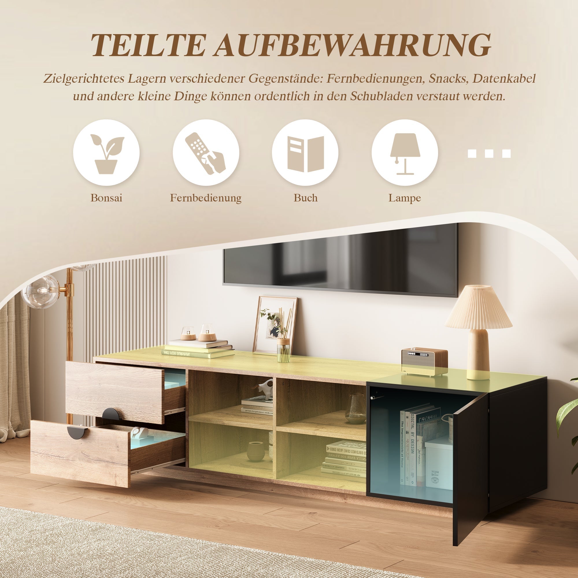 TV Cabinet with Drawer, Open Compartment and LED Lighting, Wood and Black Wood Contrast